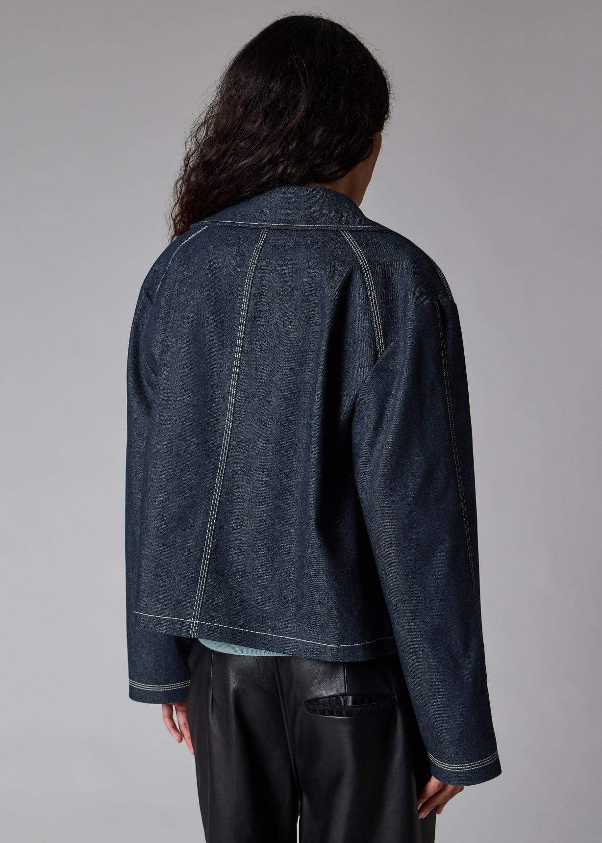Denim Cotton-Blend Cropped Asymmetric Jacket with Topstitching