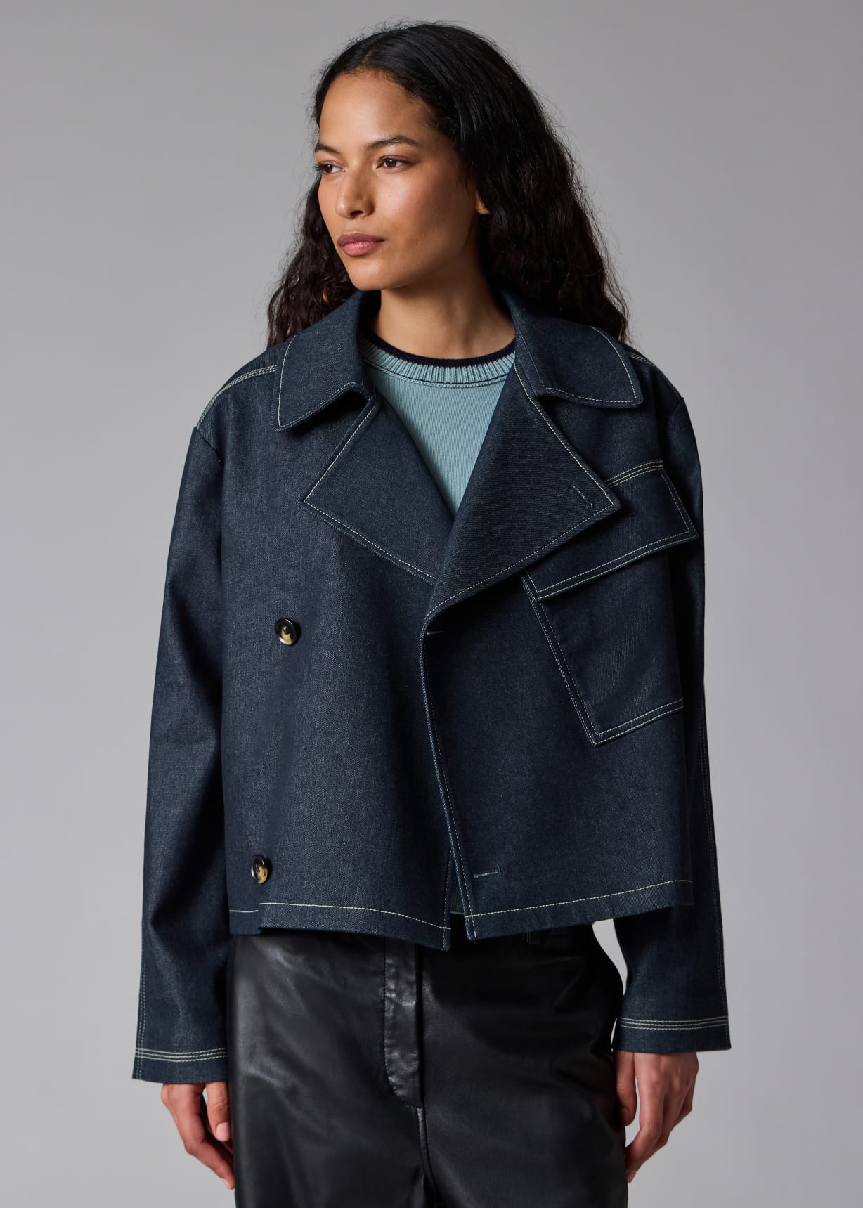 Denim Cotton-Blend Cropped Asymmetric Jacket with Topstitching