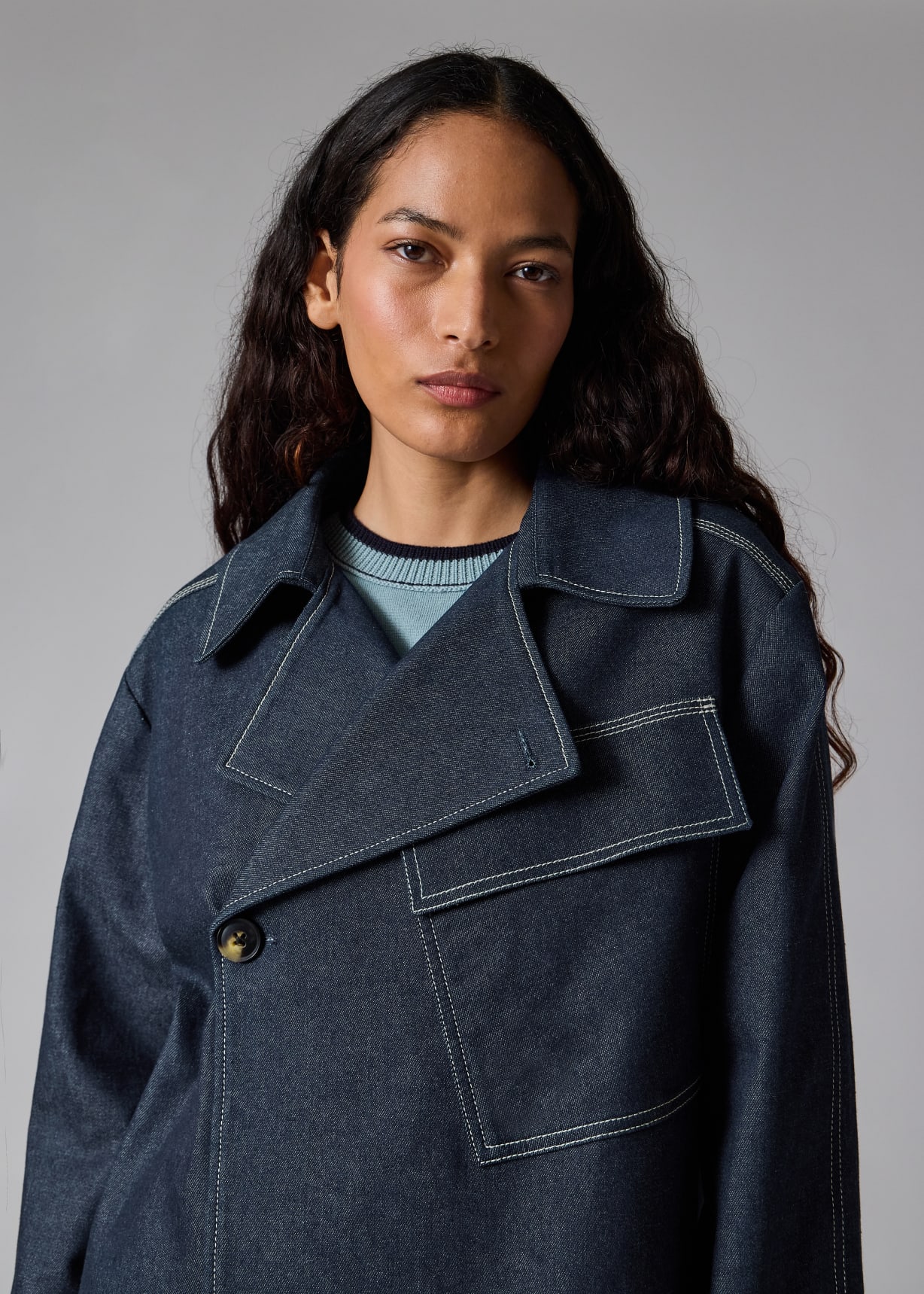 Denim Cotton-Blend Cropped Asymmetric Jacket with Topstitching
