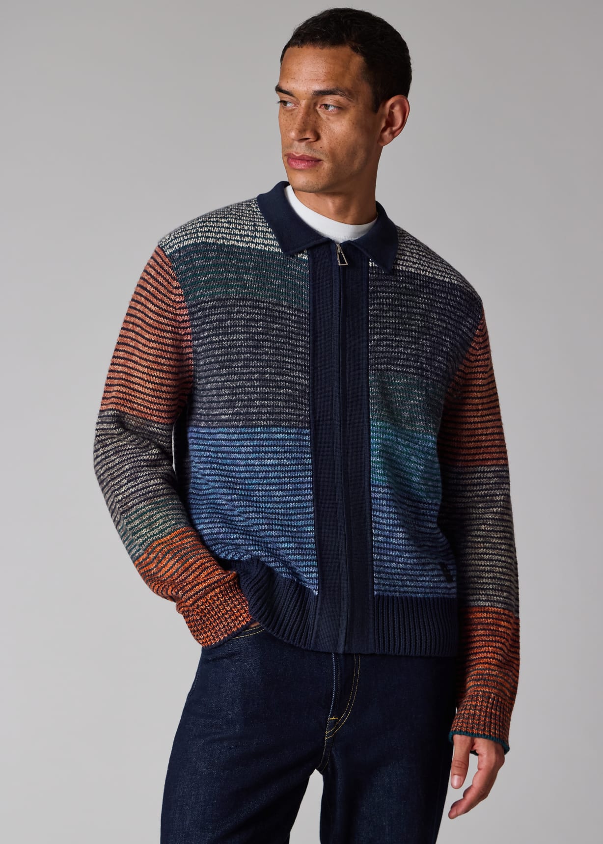 Men's Navy Colour-Block Zip-Through Cotton-Wool Cardigan