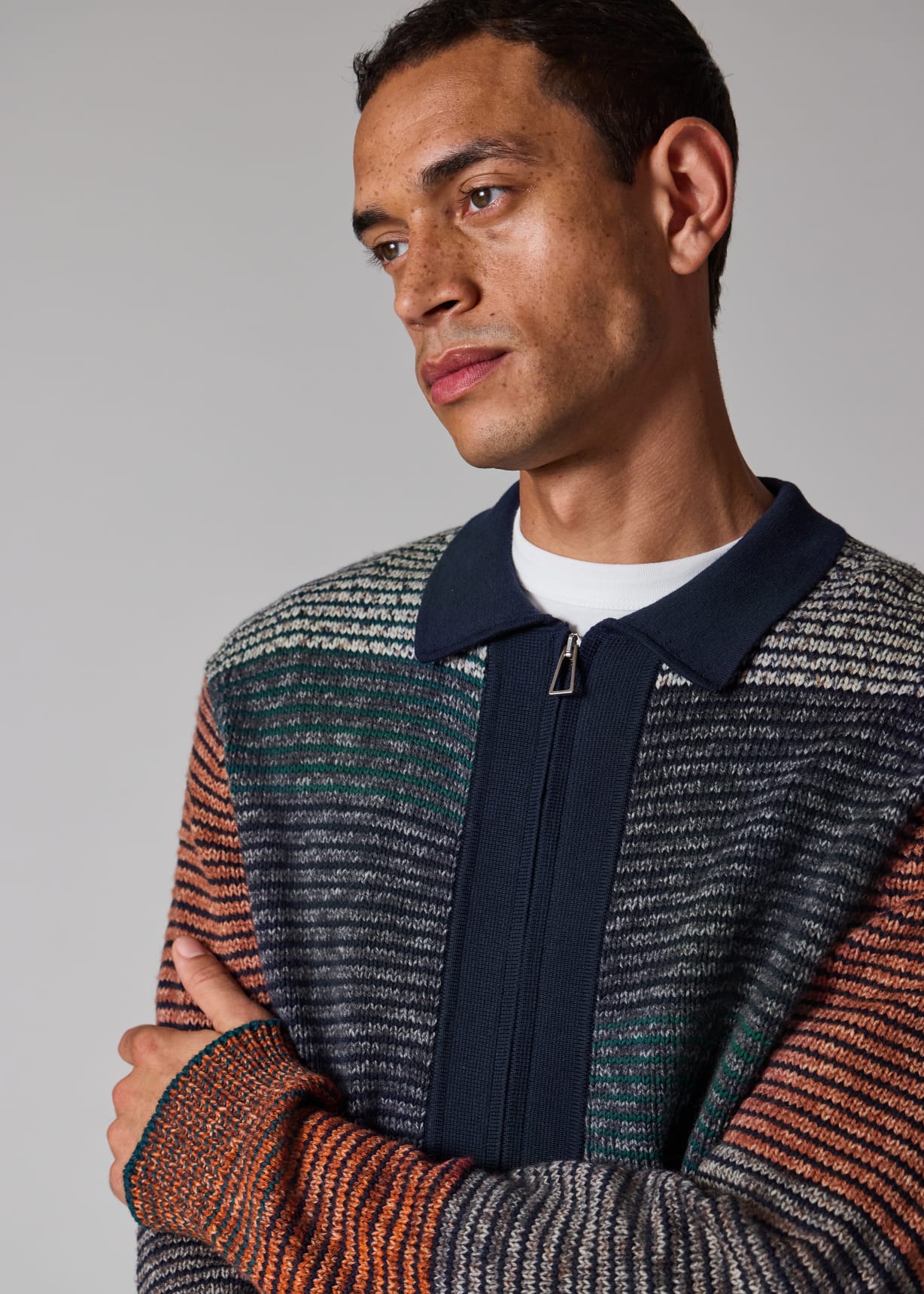 Men's Navy Colour-Block Zip-Through Cotton-Wool Cardigan