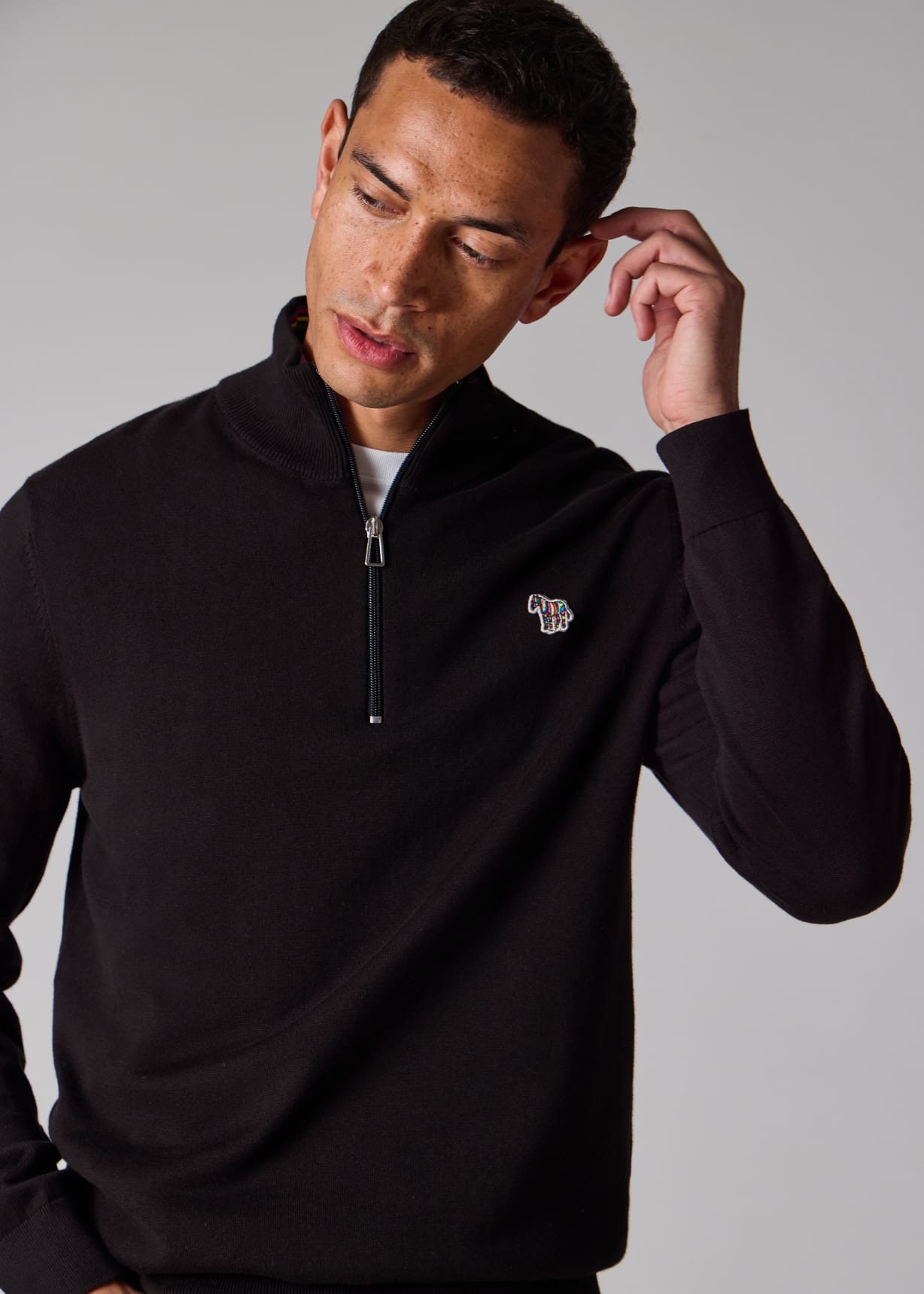 Men's Black Organic Cotton Quarter Zip Zebra Logo Sweater
