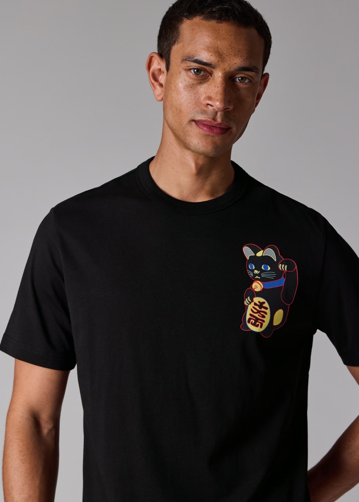 Men's Black 'Lucky Cat' Print T-Shirt