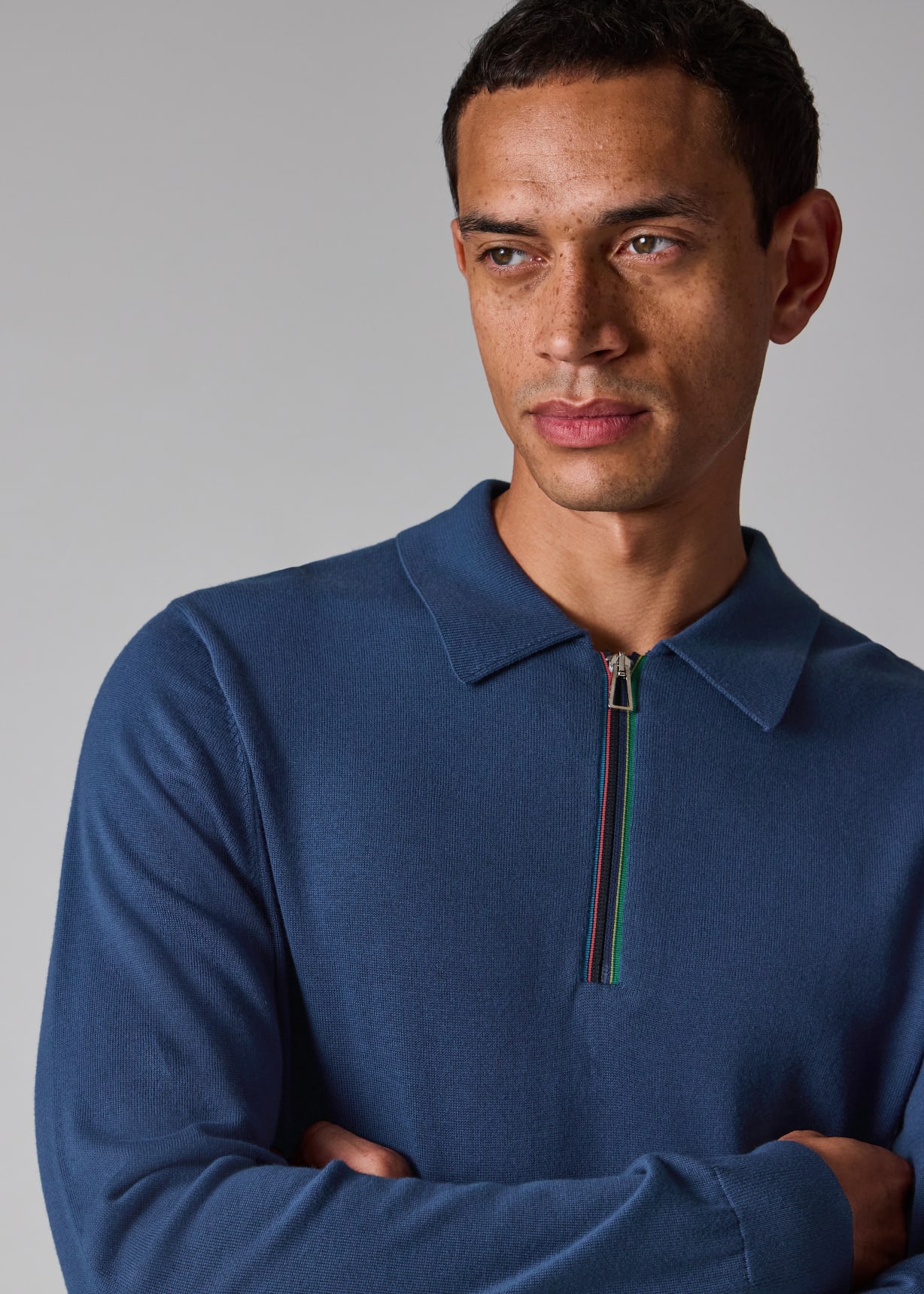 Men's Mid Blue 'Sports Stripe' Zip-Neck Long-Sleeve Polo Shirt