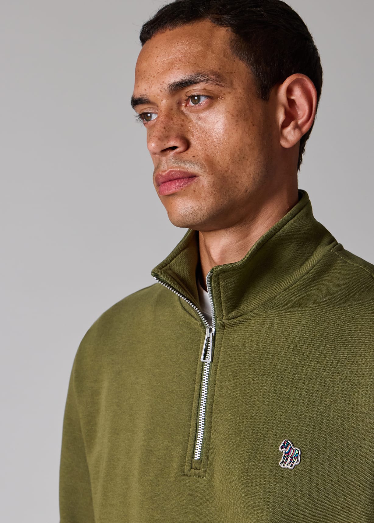 Khaki Green Organic Cotton Zebra Logo Quarter Zip Sweatshirt