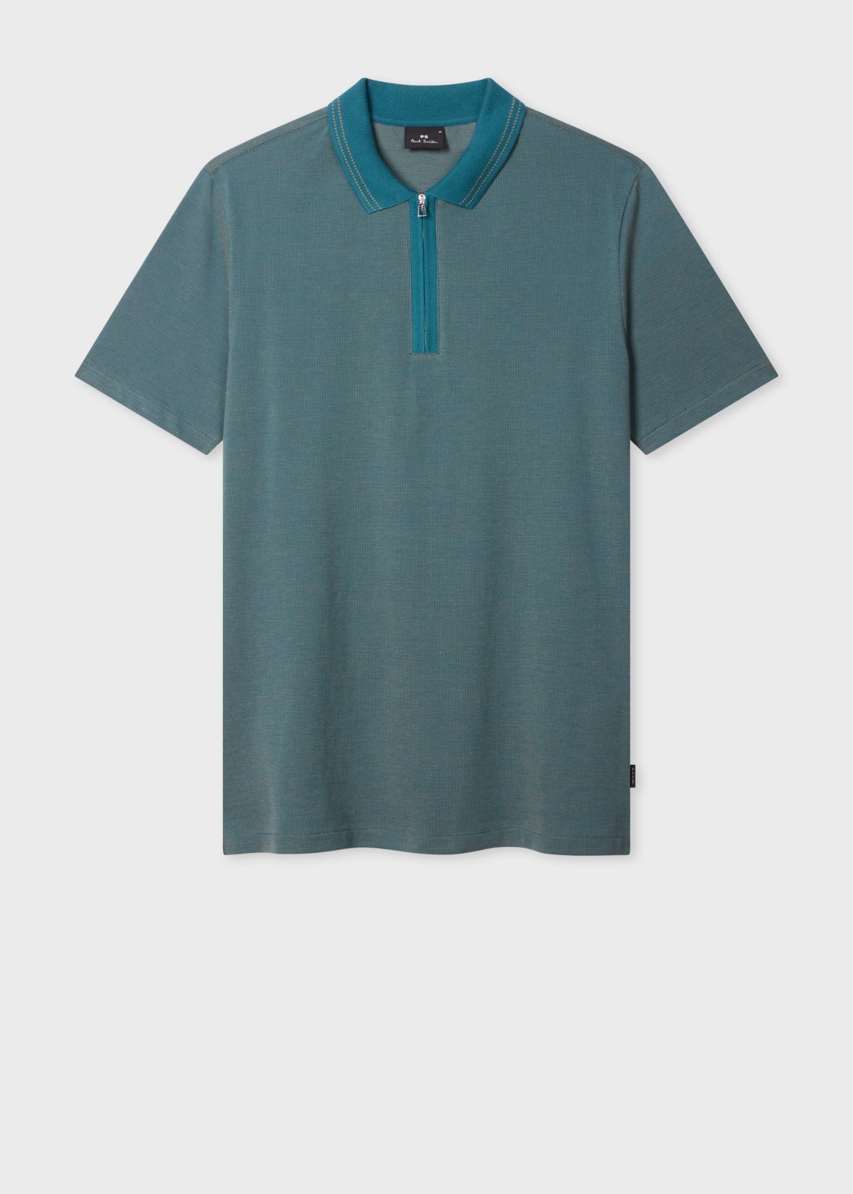 Men's Teal Cotton Jacquard Zip-Neck Polo Shirt