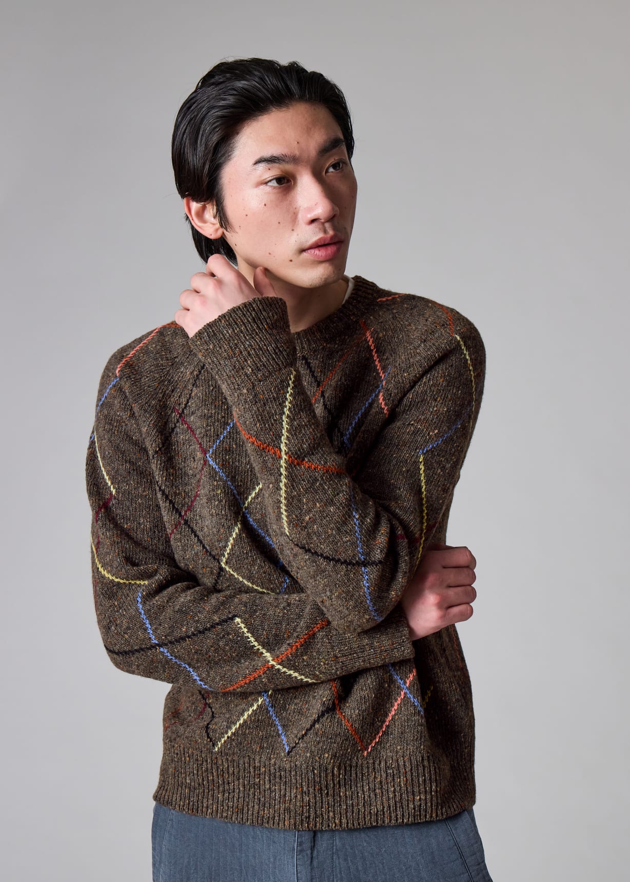 Men's Brown Flecked Wool-Blend Argyle Sweater