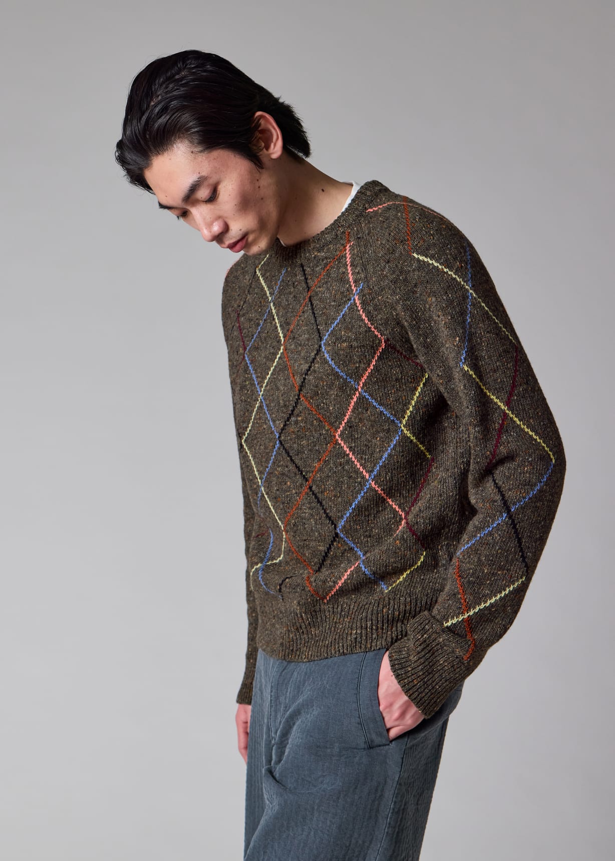 Men's Brown Flecked Wool-Blend Argyle Sweater