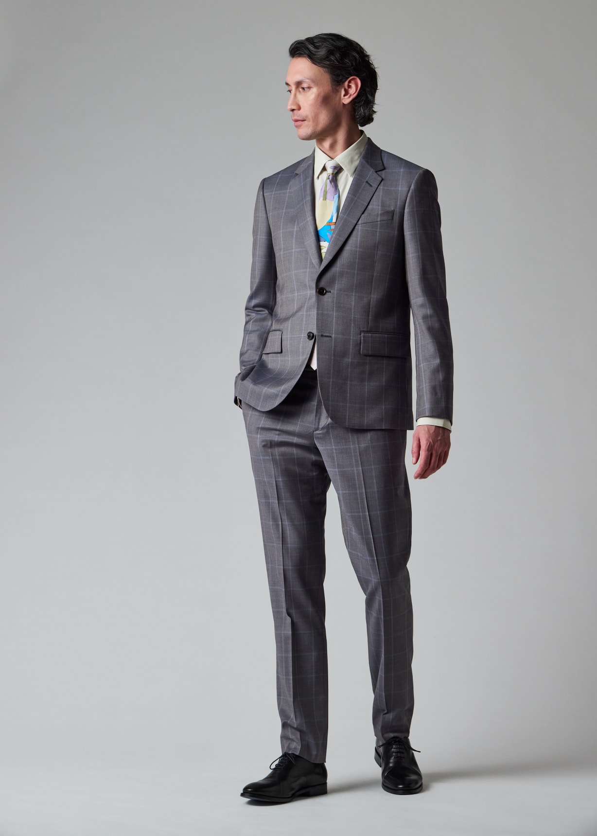 Men's Tailored-Fit Grey Windowpane Check Wool Suit