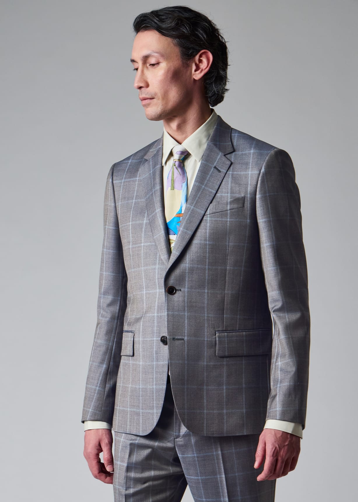 Men's Tailored-Fit Grey Windowpane Check Wool Suit