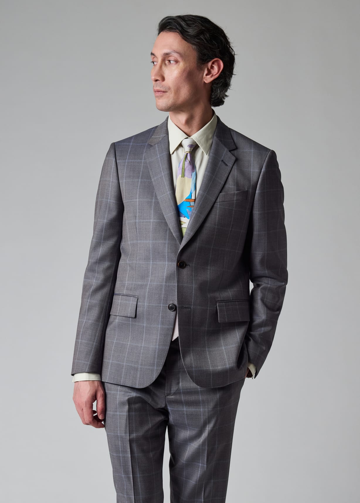 Men's Tailored-Fit Grey Windowpane Check Wool Suit