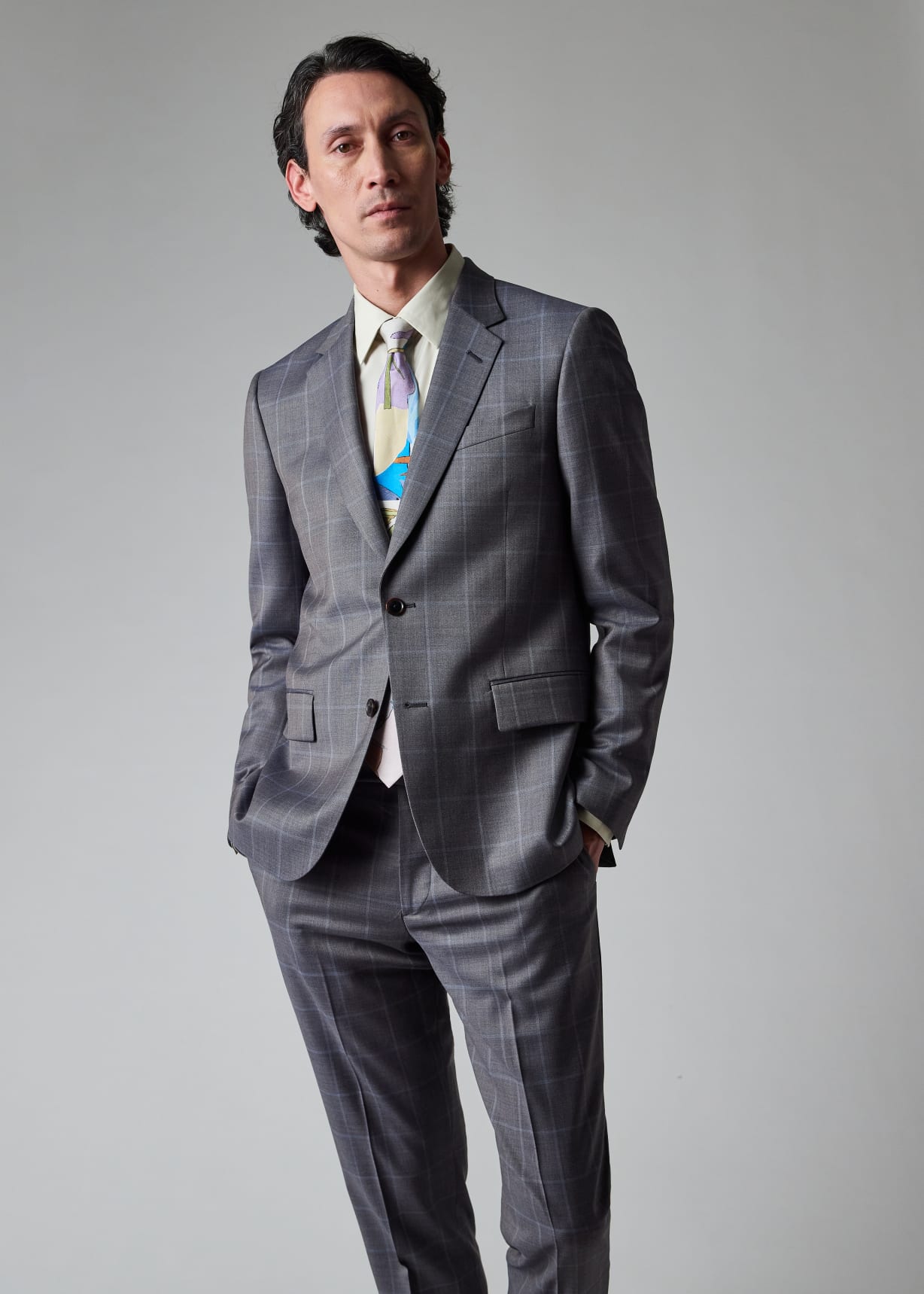 Men's Tailored-Fit Grey Windowpane Check Wool Suit
