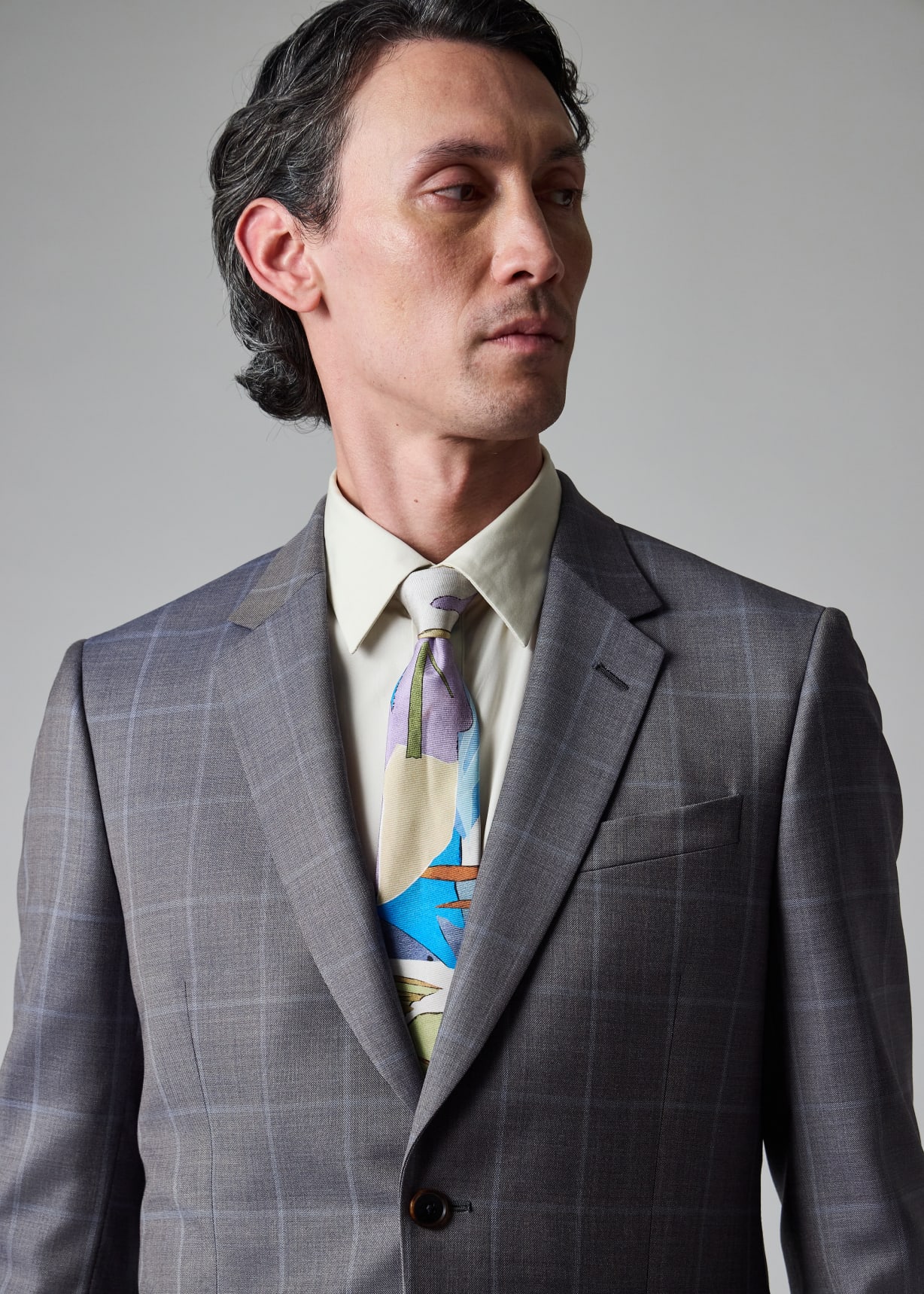 Men's Tailored-Fit Grey Windowpane Check Wool Suit