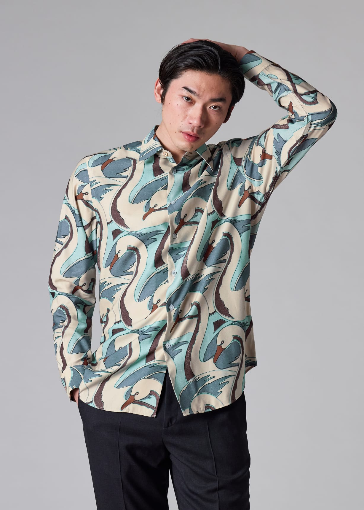 Men's Blue 'Swan' Print Viscose-Blend Shirt