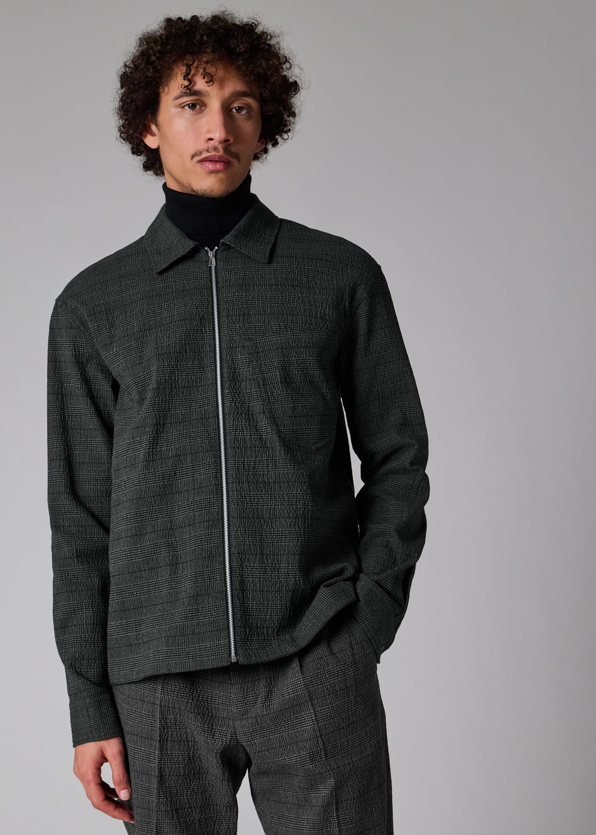 Grey Textured-Cotton Check Zip Overshirt