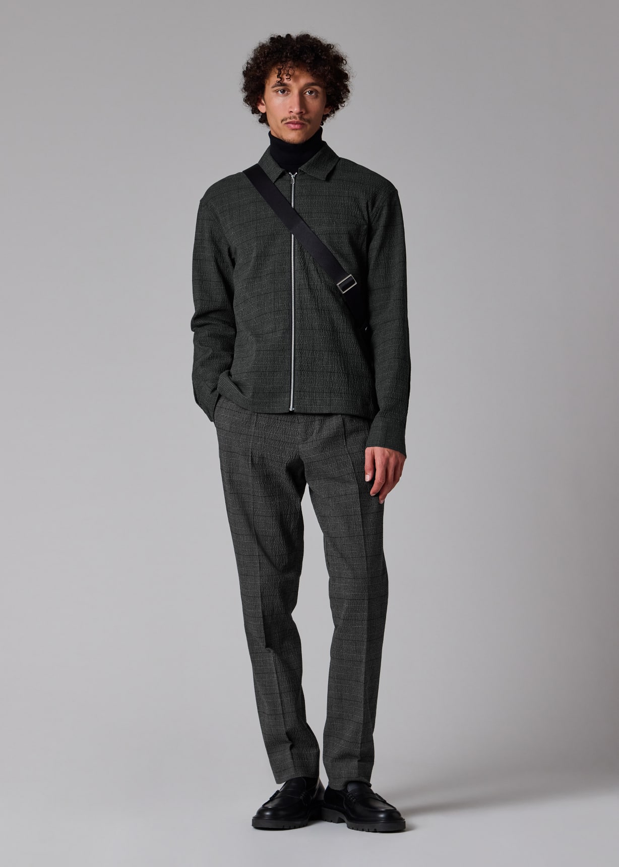 Grey Textured-Cotton Check Zip Overshirt