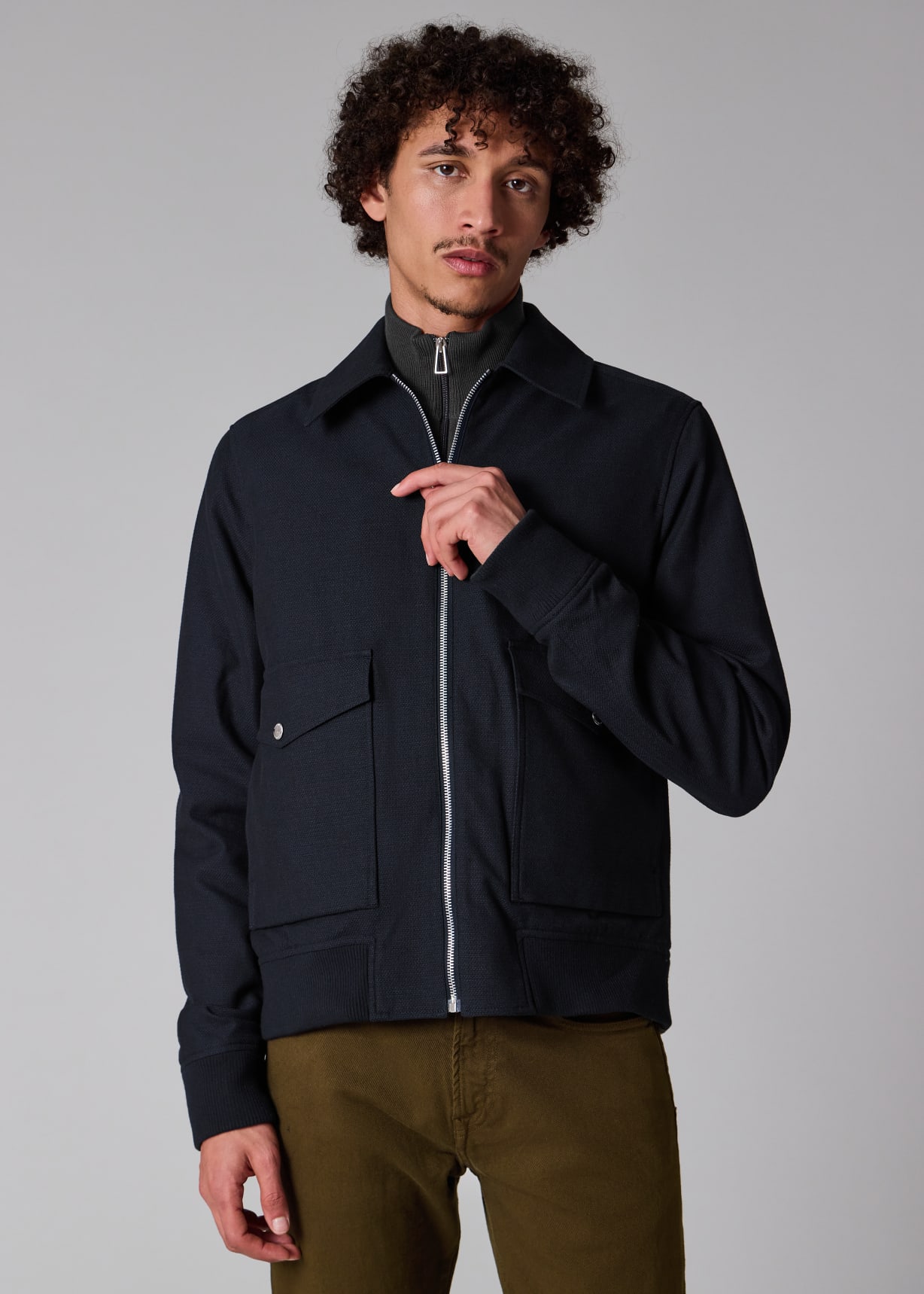 Men's Navy Cotton and Wool-Blend Textured Jacket