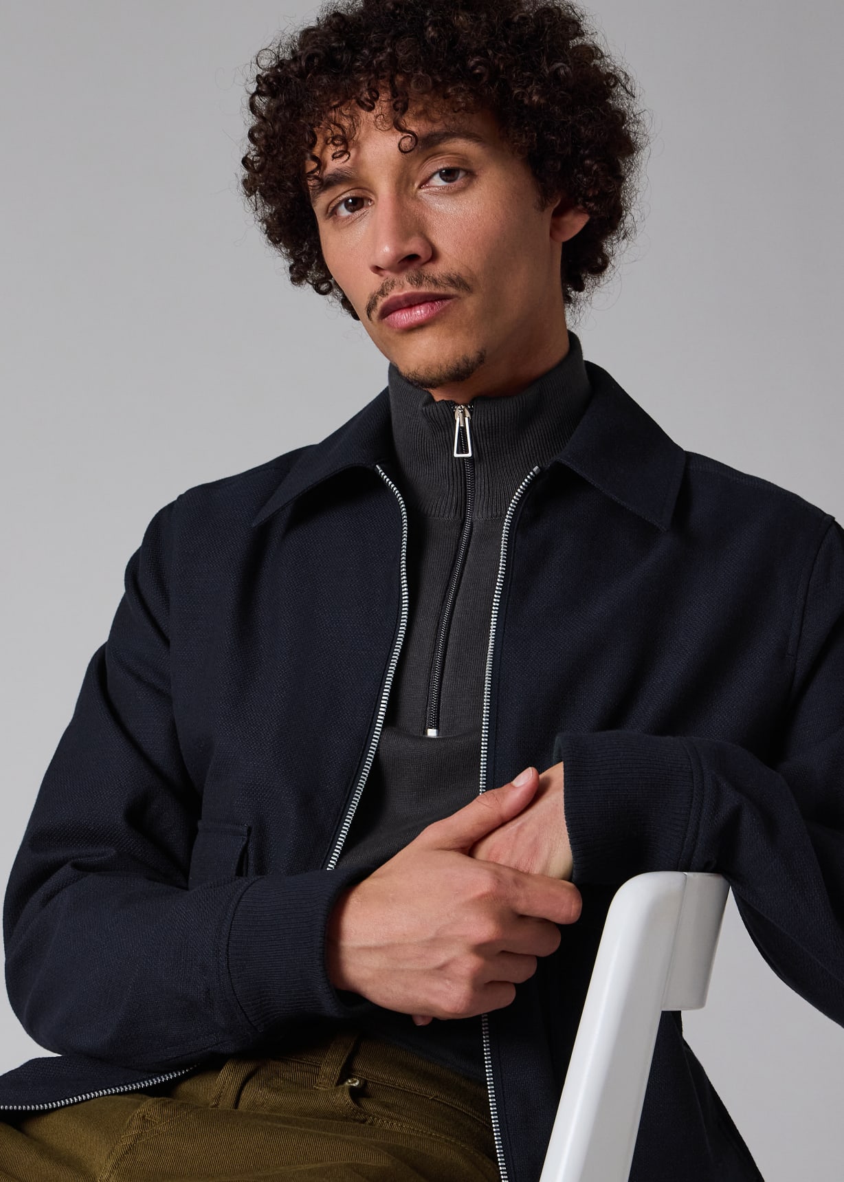 Men's Navy Cotton and Wool-Blend Textured Jacket