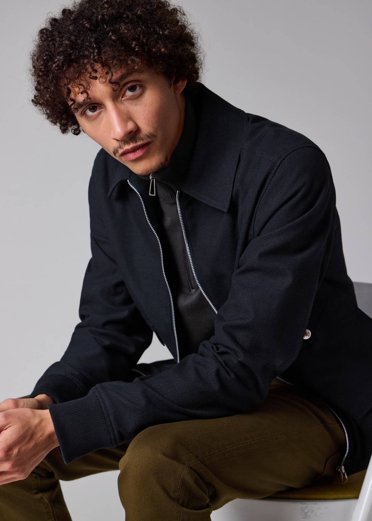 Men's Navy Cotton and Wool-Blend Textured Jacket