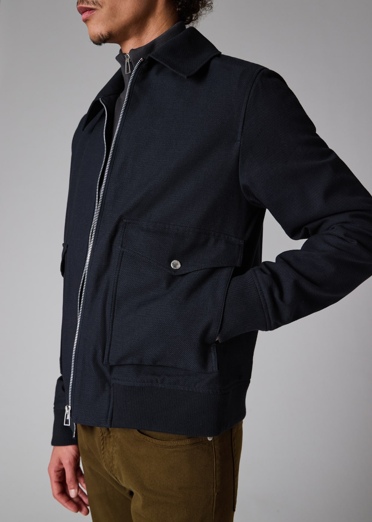 Men's Navy Cotton and Wool-Blend Textured Jacket