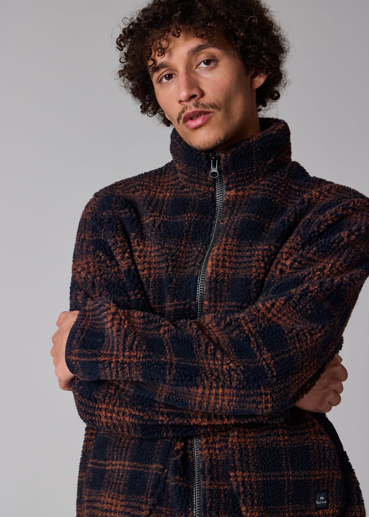 Men's Navy and Orange Check Zip Fleece Jacket