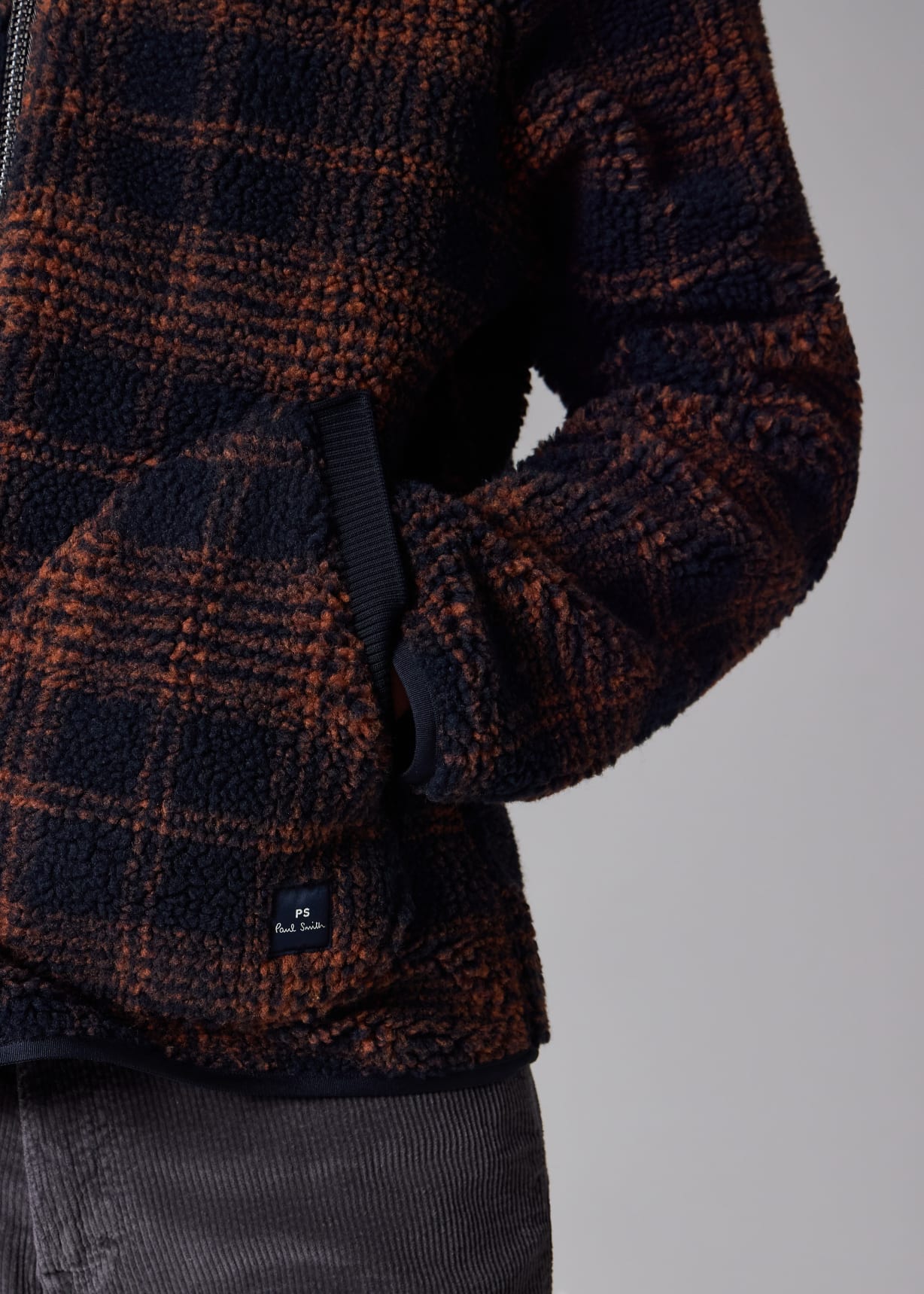 Men's Navy and Orange Check Zip Fleece Jacket