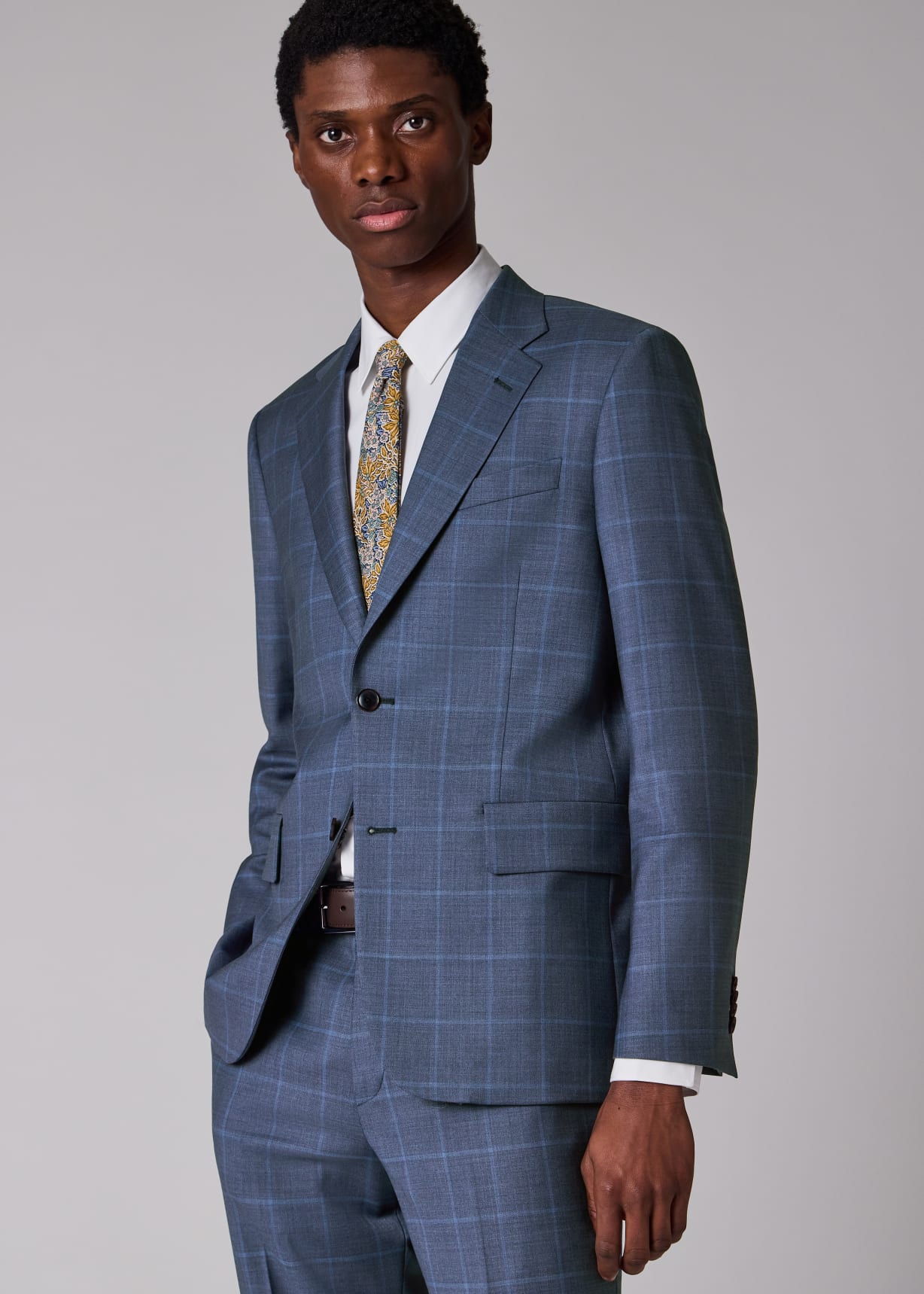 Men's Light Blue Windowpane Check Wool Suit