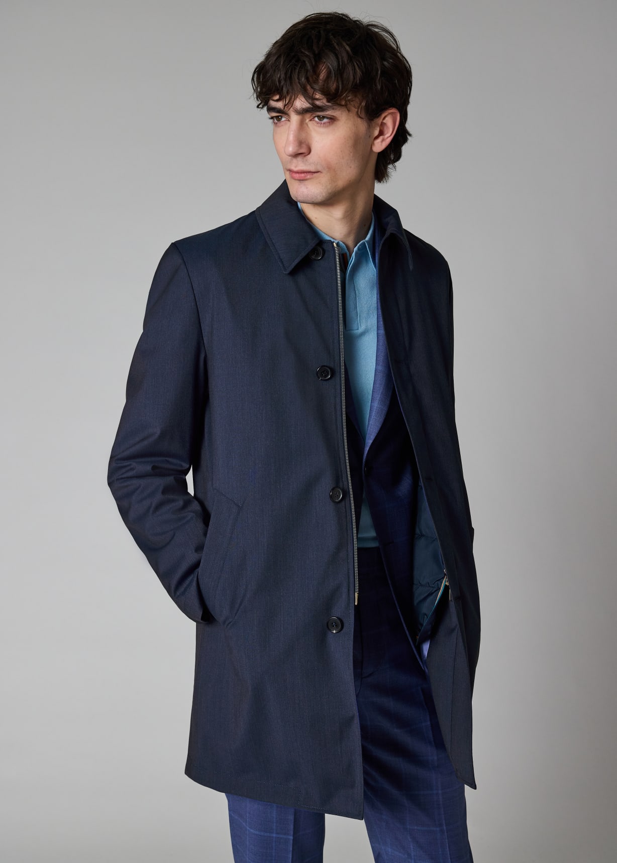 Men's Blue Melange 'Storm System' Wool Mac With Detachable Gilet