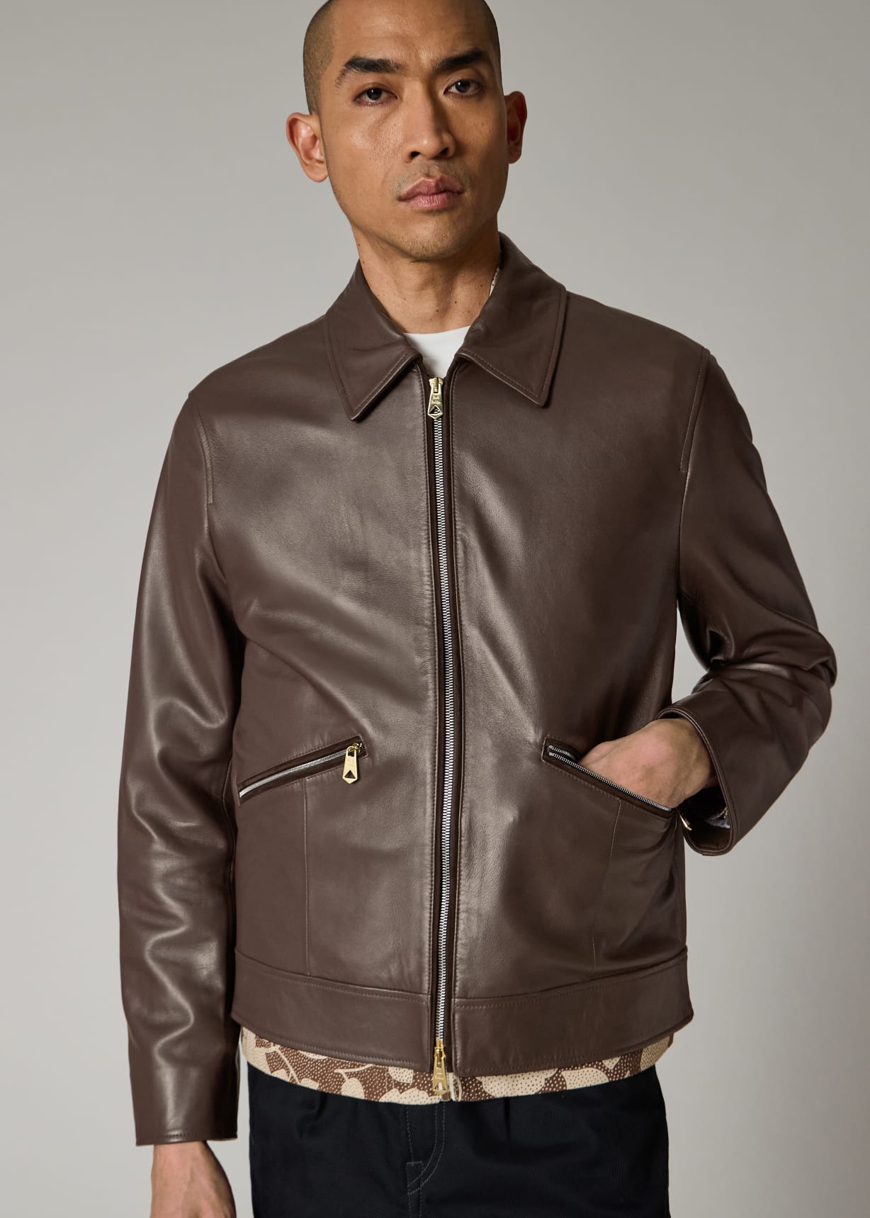 ジャケット・アウター PaulSmith Wool Gaba Check Leather Jacket Men's Chocolate Brown Nappa Leather Jacket