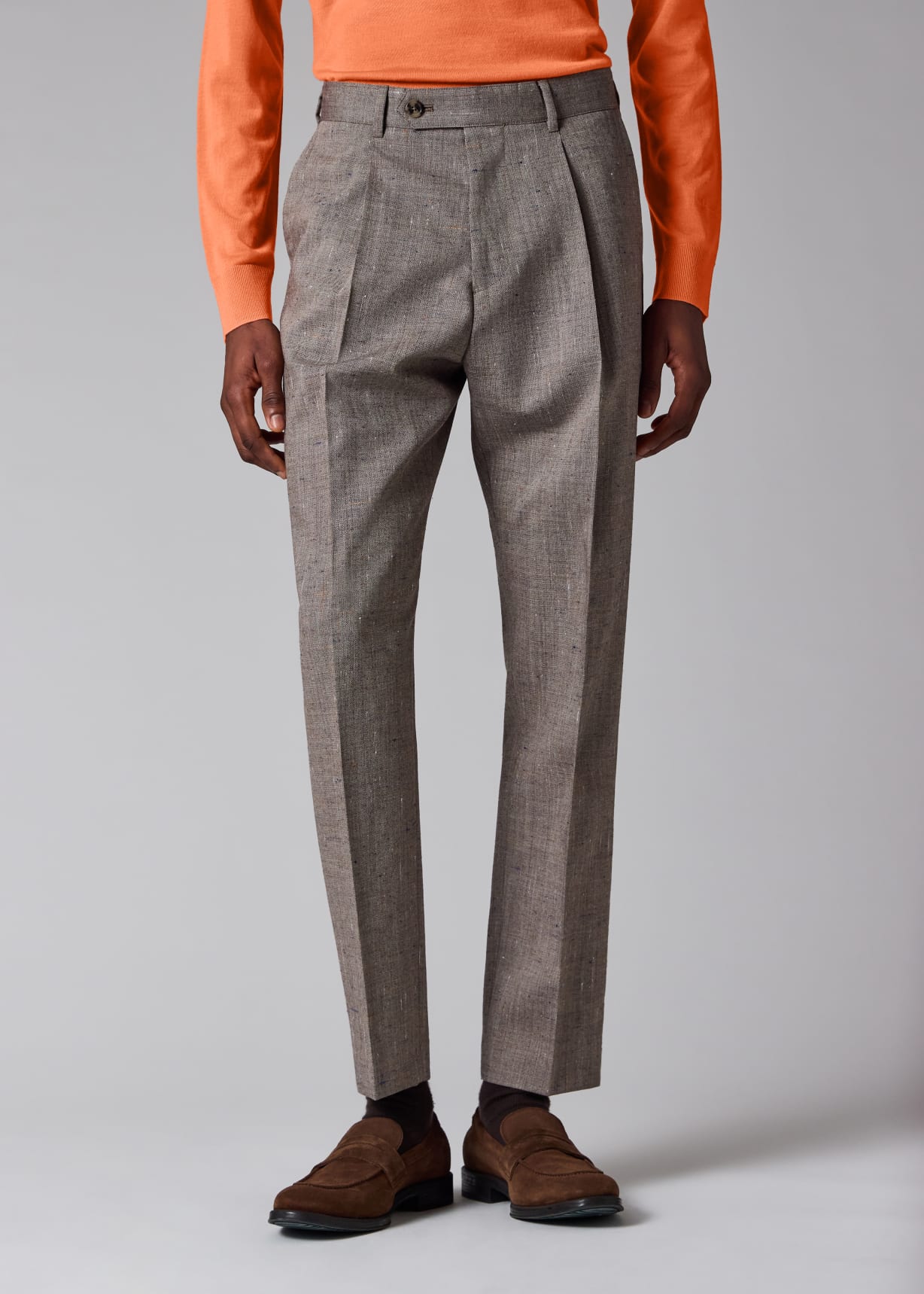 Men's Tapered-Fit Brown Flecked Wool-Viscose Pleated Trousers