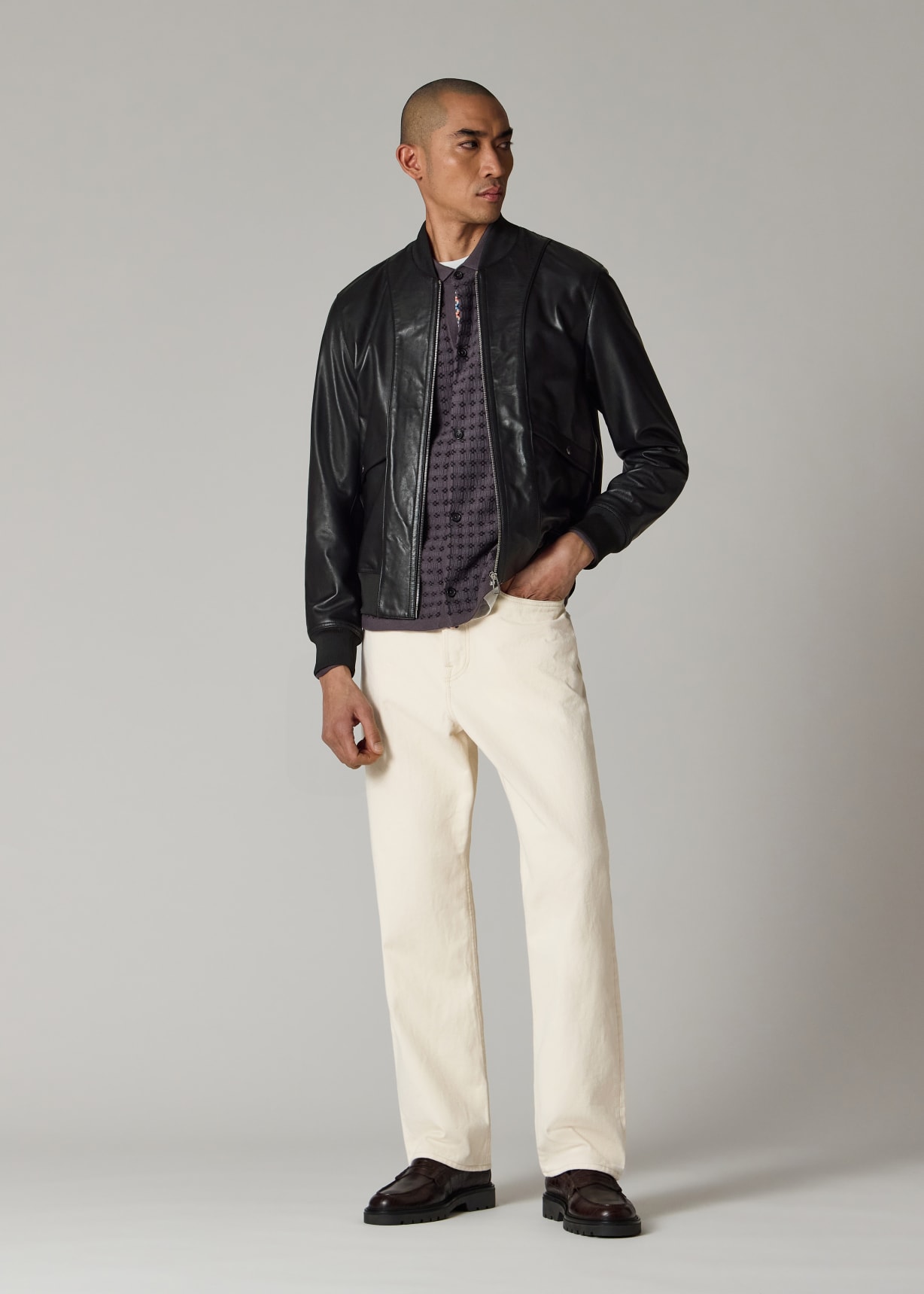 Men's Black Leather Zip-Front Bomber Jacket