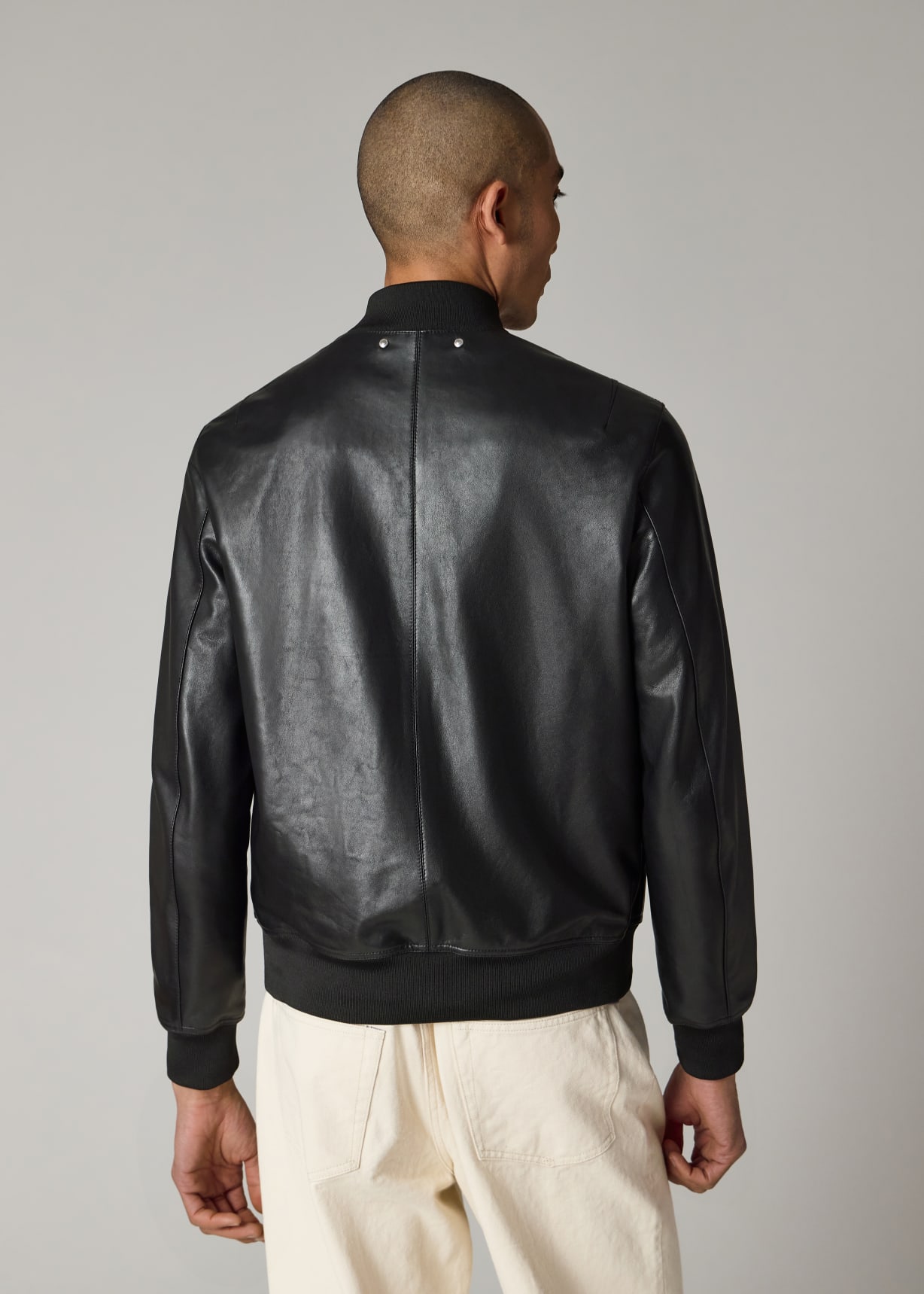 Men's Black Leather Zip-Front Bomber Jacket