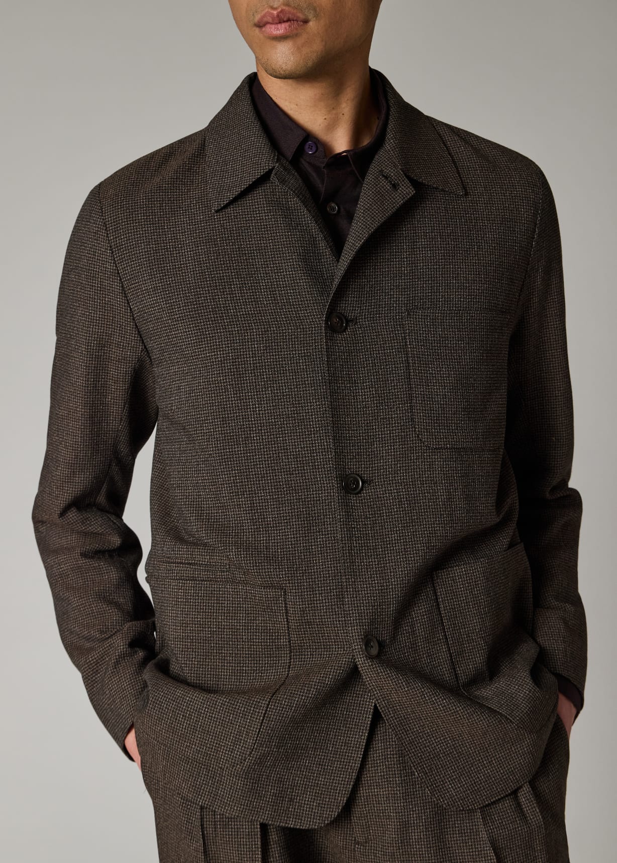 ジャケット・アウター PaulSmith Wool Gaba Check Leather Jacket Men's Brown Check Two-Ply Merino Work Jacket