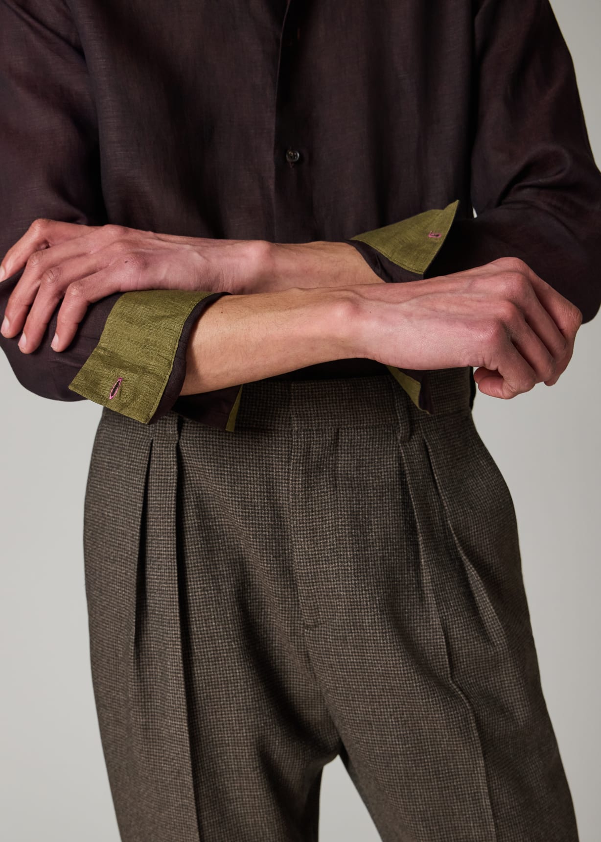 Men's Brown Check Two-Ply Merino Pleated Trousers