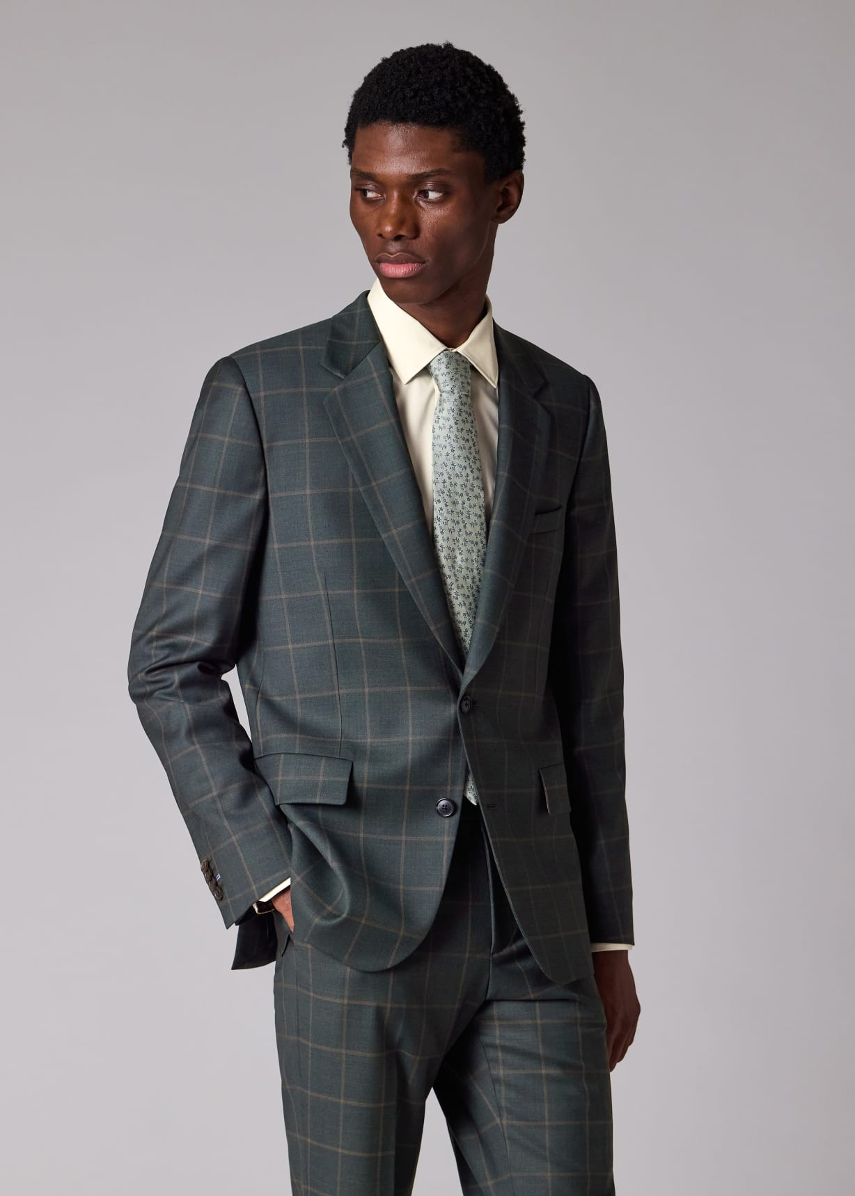Men's Classic-Fit Dark Green Windowpane Check Wool Suit