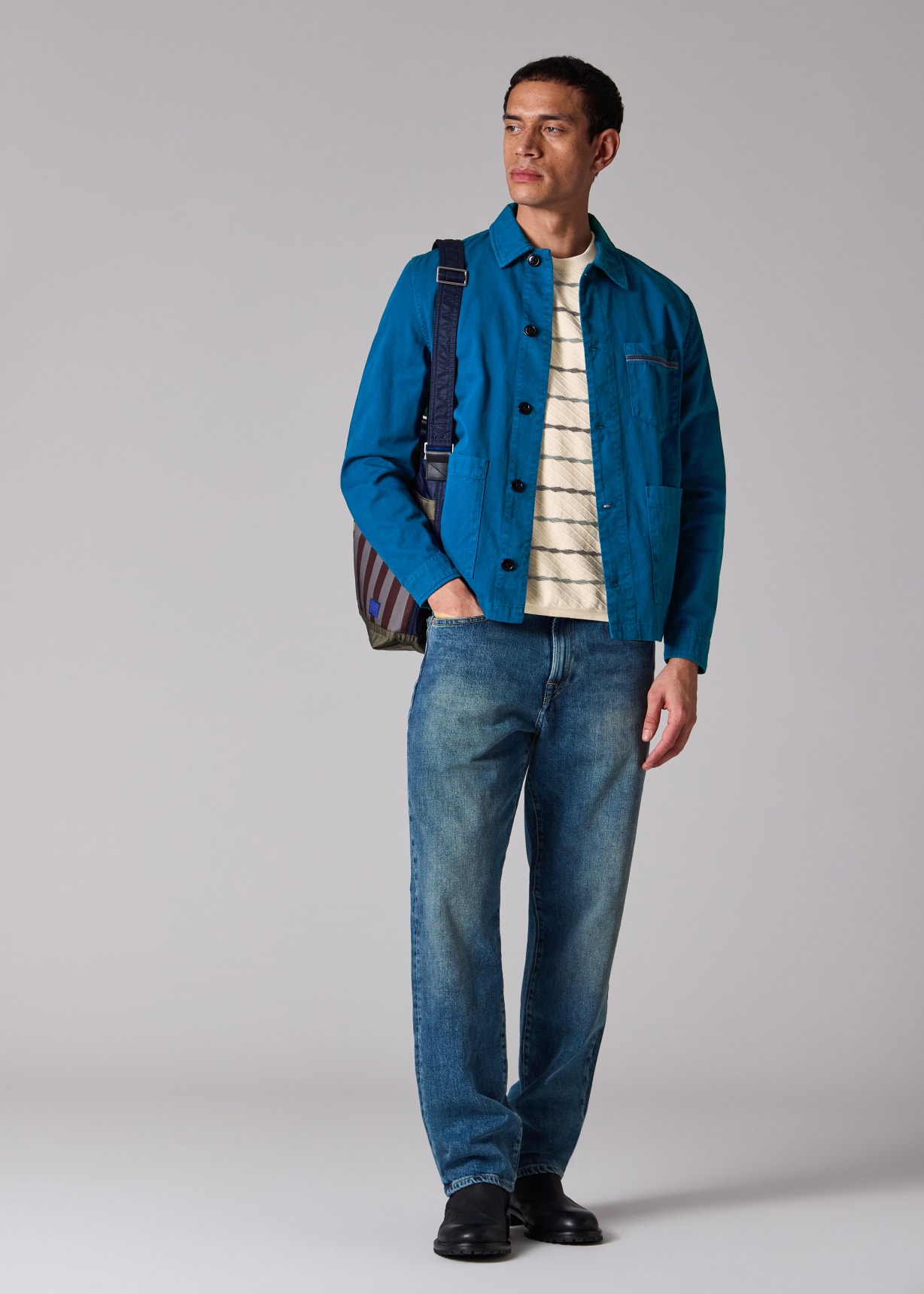Men's Ocean Blue Cotton-Twill 'Stitch Stripe' Work Jacket