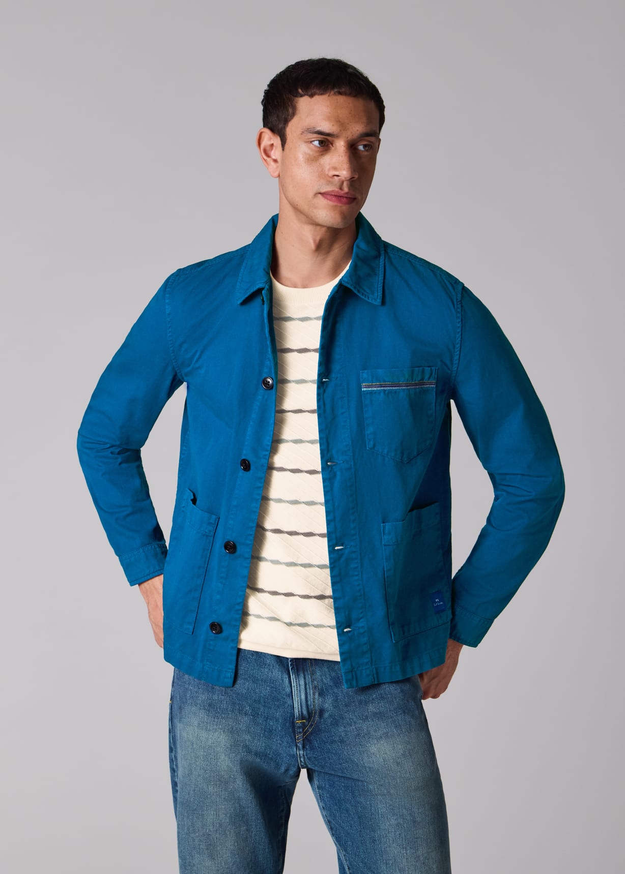 Men's Ocean Blue Cotton-Twill 'Stitch Stripe' Work Jacket