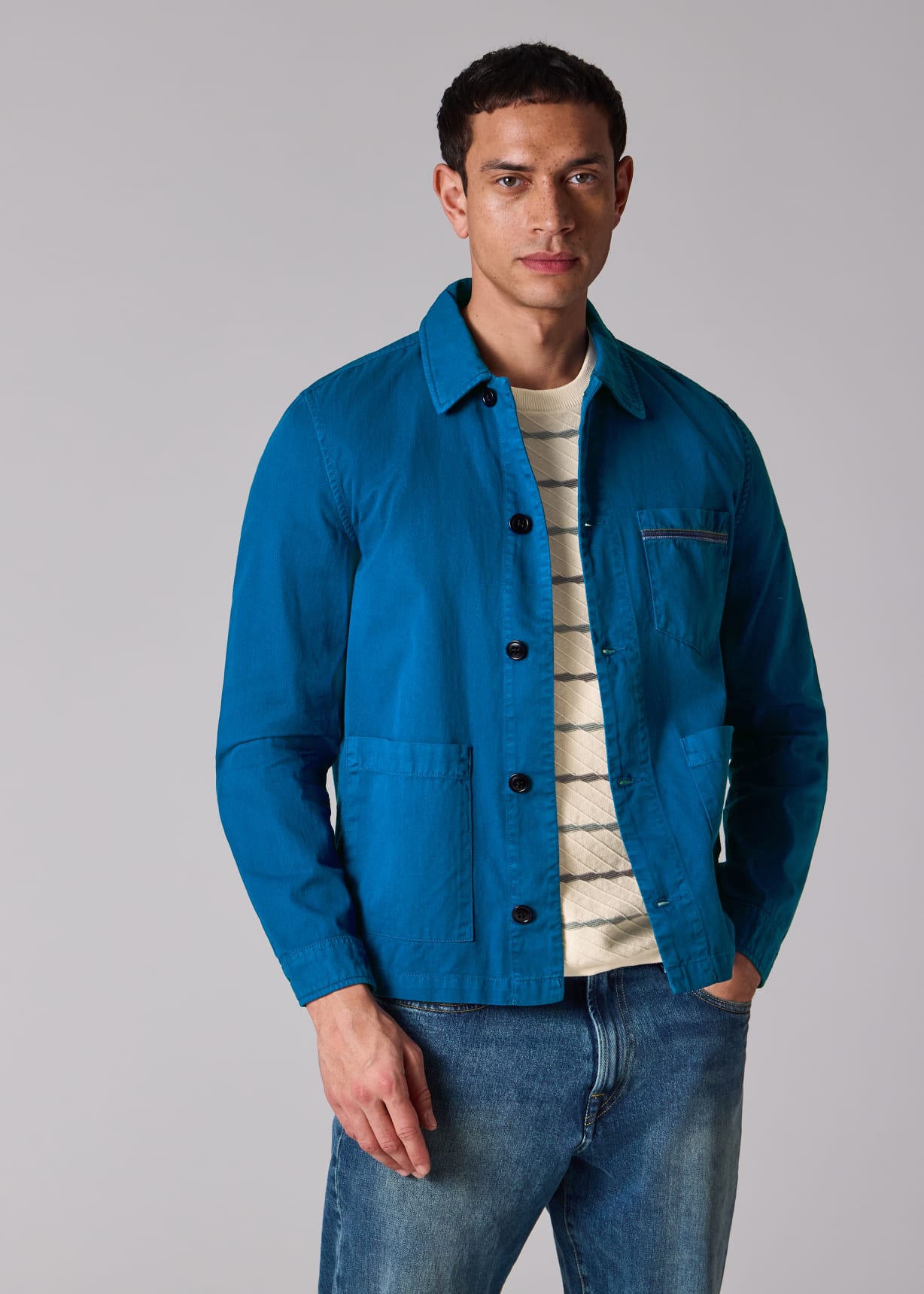 Men's Ocean Blue Cotton-Twill 'Stitch Stripe' Work Jacket