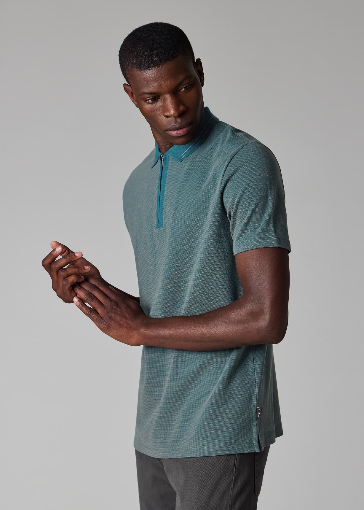 Men's Teal Cotton Jacquard Zip-Neck Polo Shirt