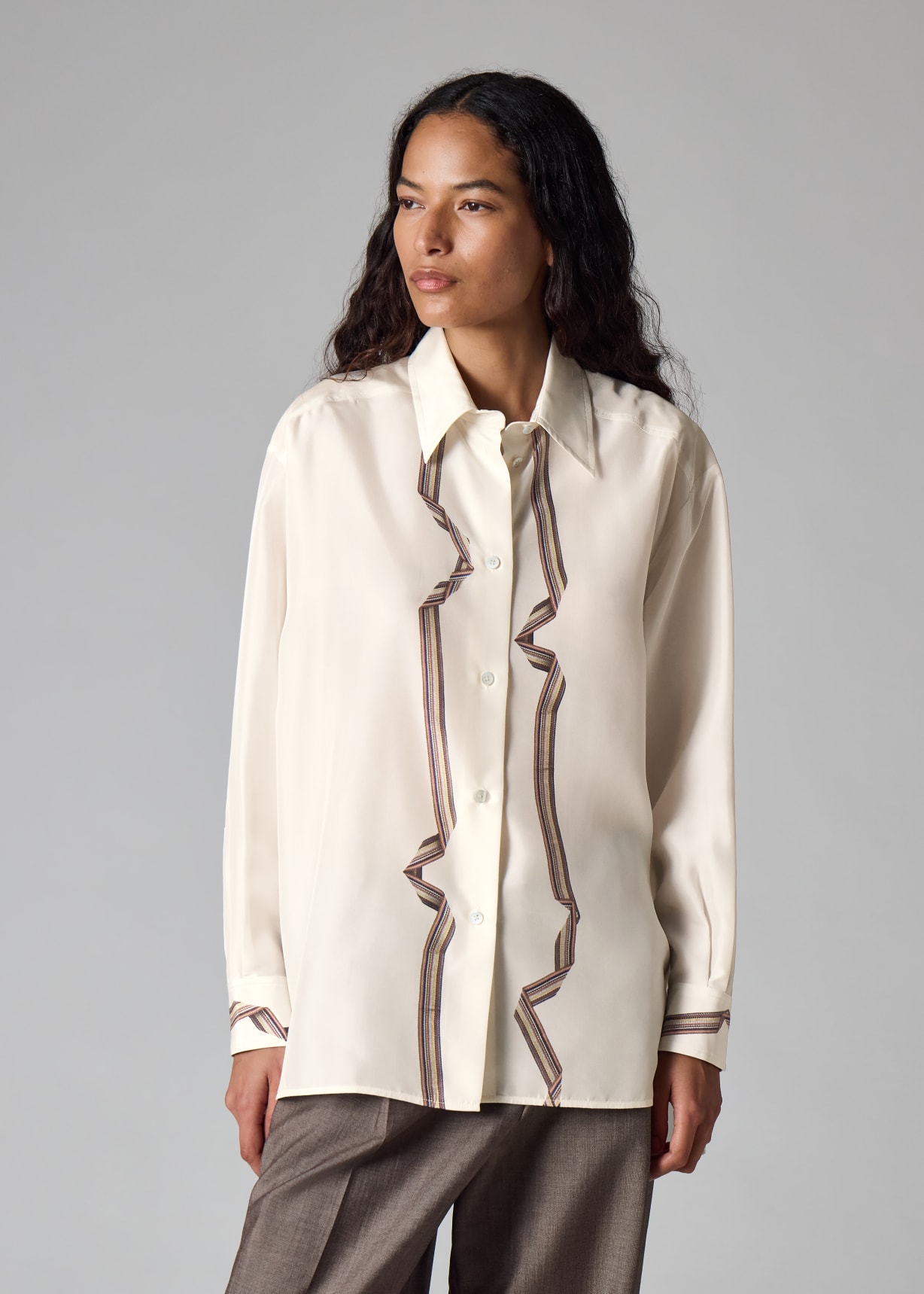 Women's Ecru 'Signature Stripe' Ribbon Print Oversized Silk Shirt
