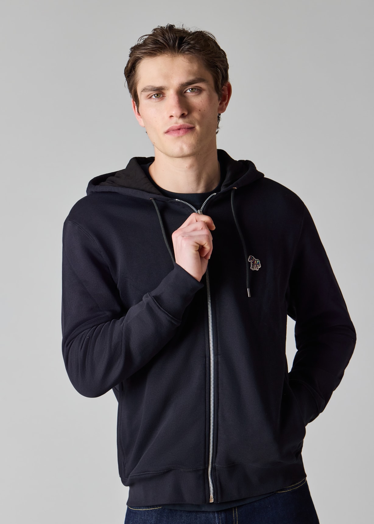 Men's Dark Navy Cotton Zip-Front Zebra Logo Hoodie
