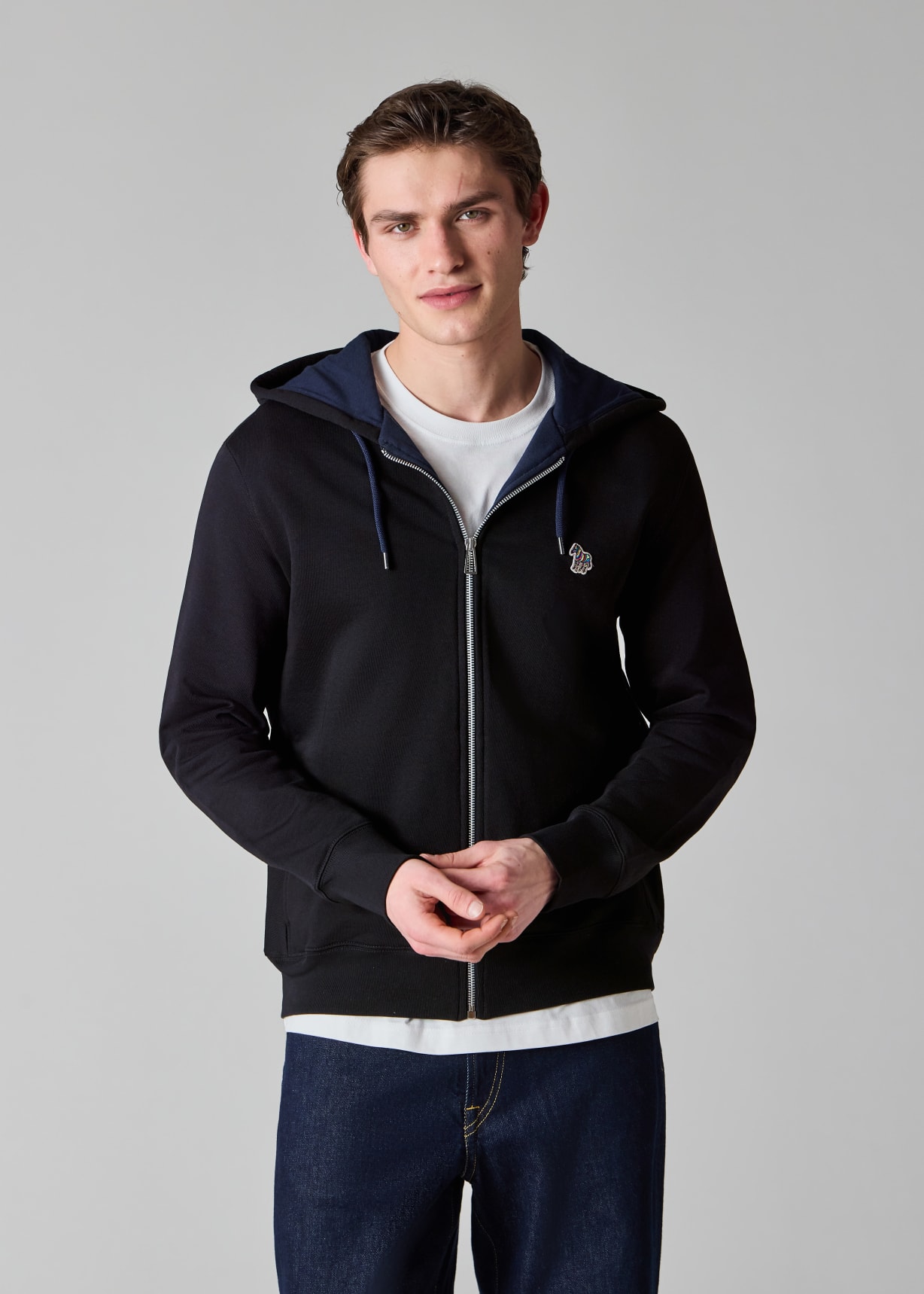 Men's Black Cotton Zip-Front Zebra Logo Hoodie