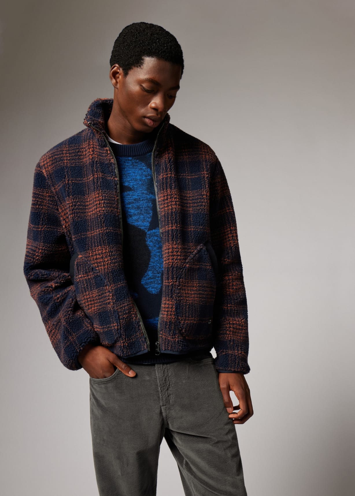 Men's Navy and Orange Check Zip Fleece Jacket