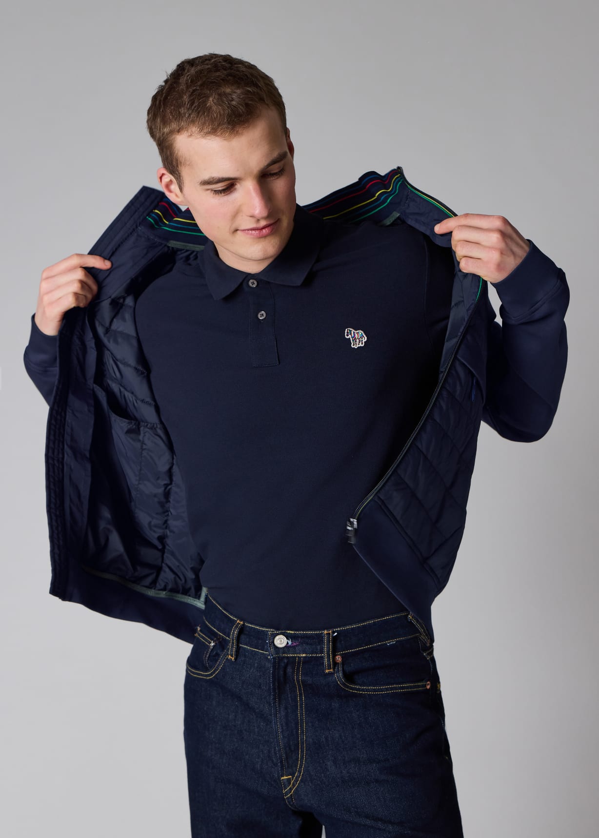 Men's Navy Quilted Mixed Media Jacket