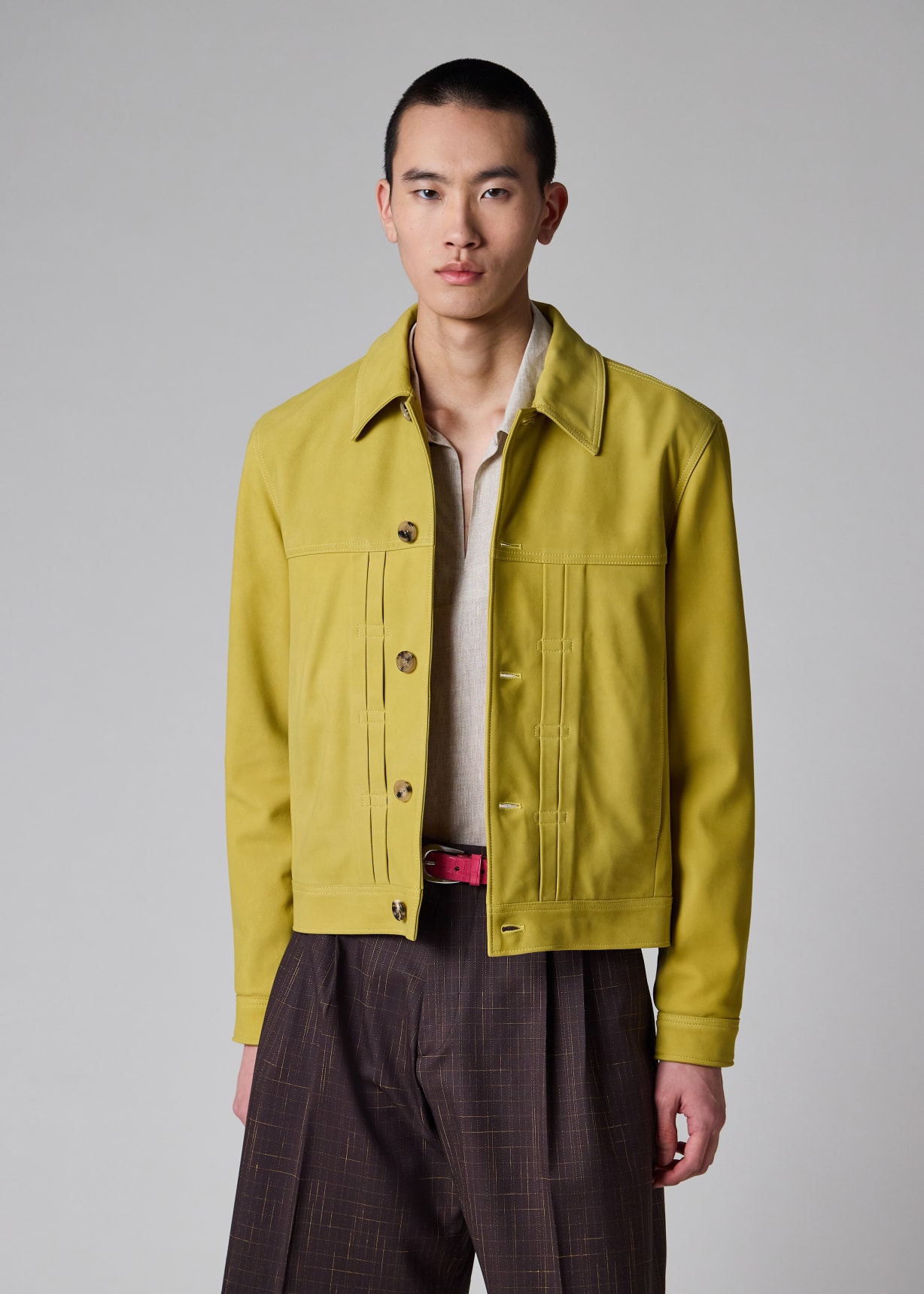 Men's Yellow Nubuck Leather Pleated Trucker Jacket