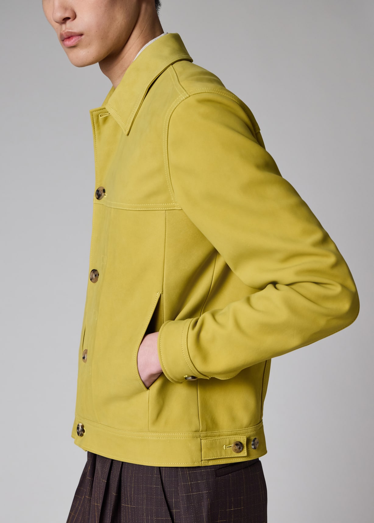 Men's Yellow Nubuck Leather Pleated Trucker Jacket
