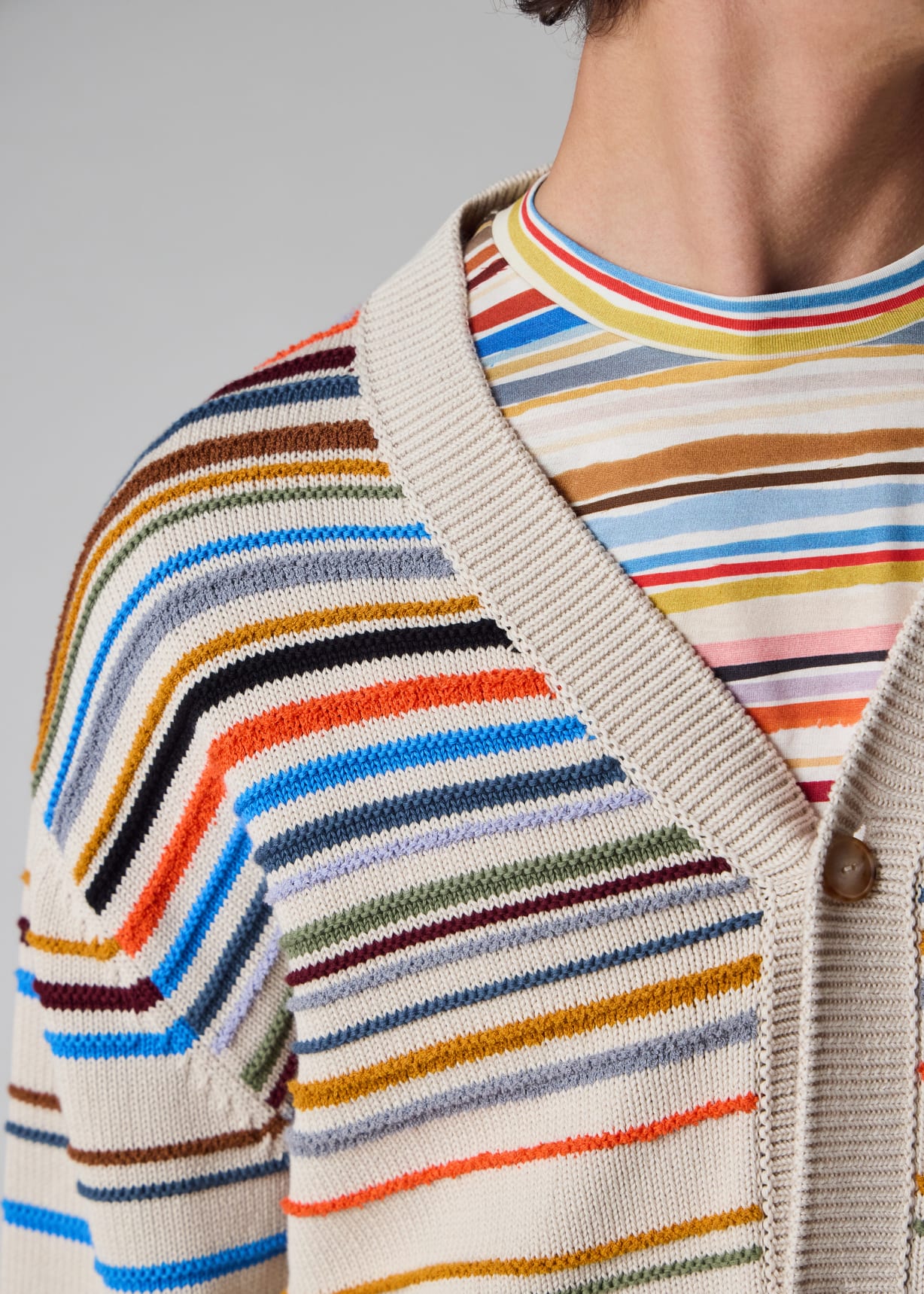 Men's Ecru 'Cairo Stripe' Cotton-Blend Cardigan
