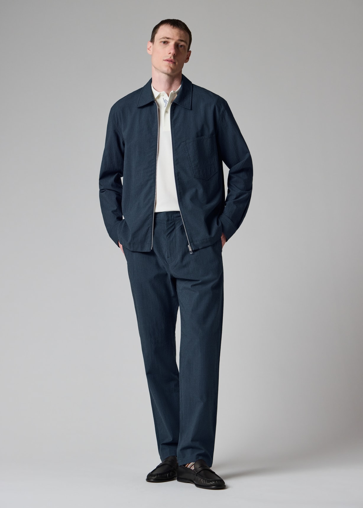 Men's Blue Seersucker Check Zip Shirt Jacket