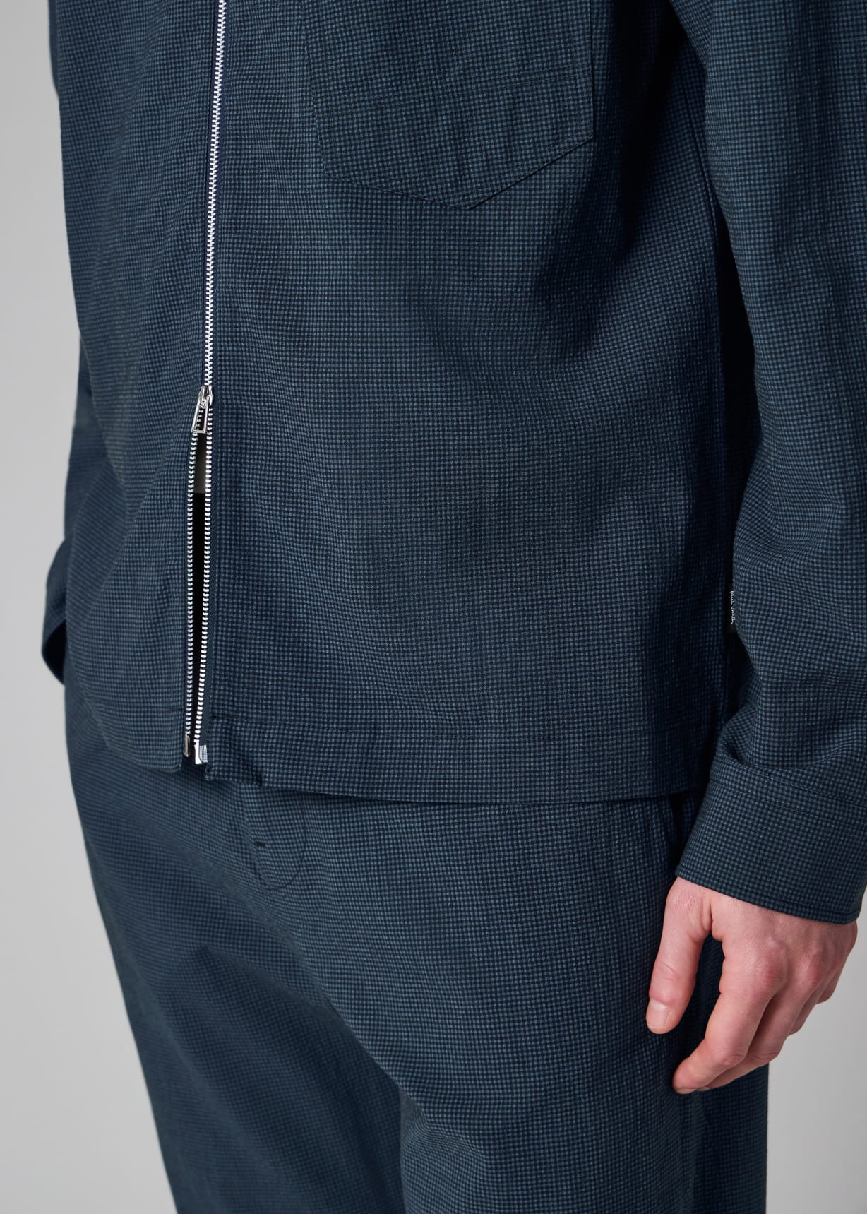 Men's Blue Seersucker Check Zip Shirt Jacket