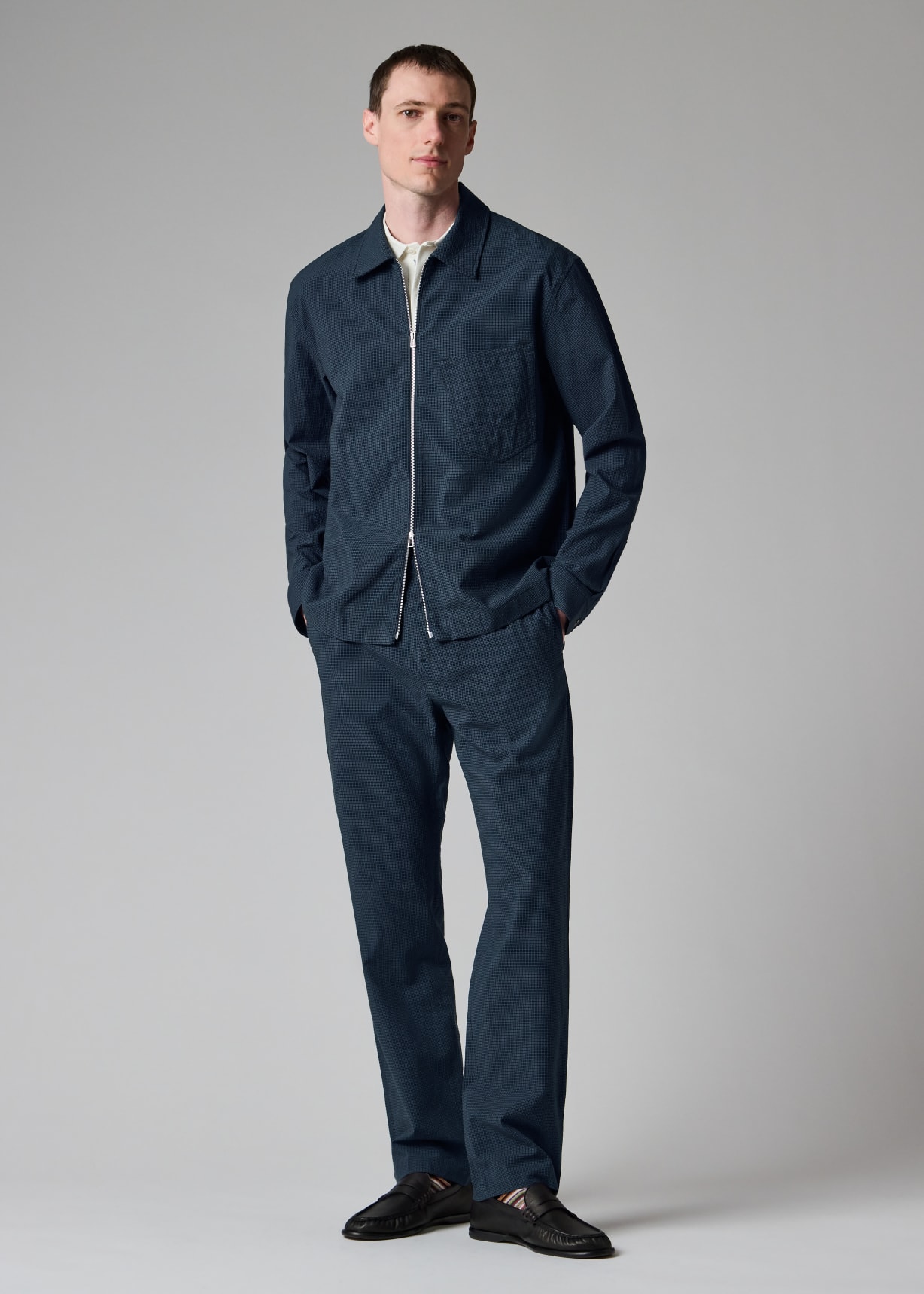 Men's Blue Seersucker Check Zip Shirt Jacket